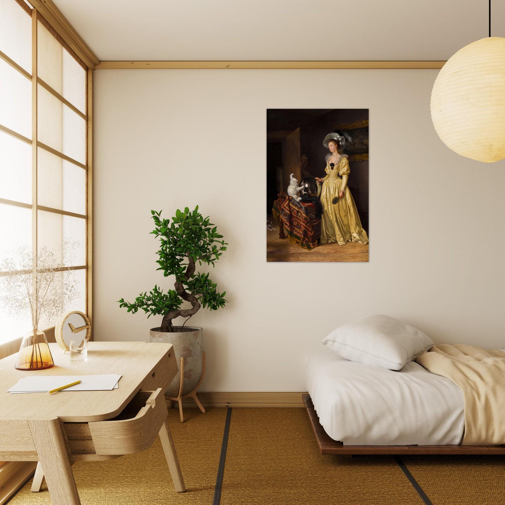 Vintage Fortune Teller Art Print Woman in Yellow Dress with White Cat Crystal Ball Moody Dark Academia Wall Art Portraits Figures