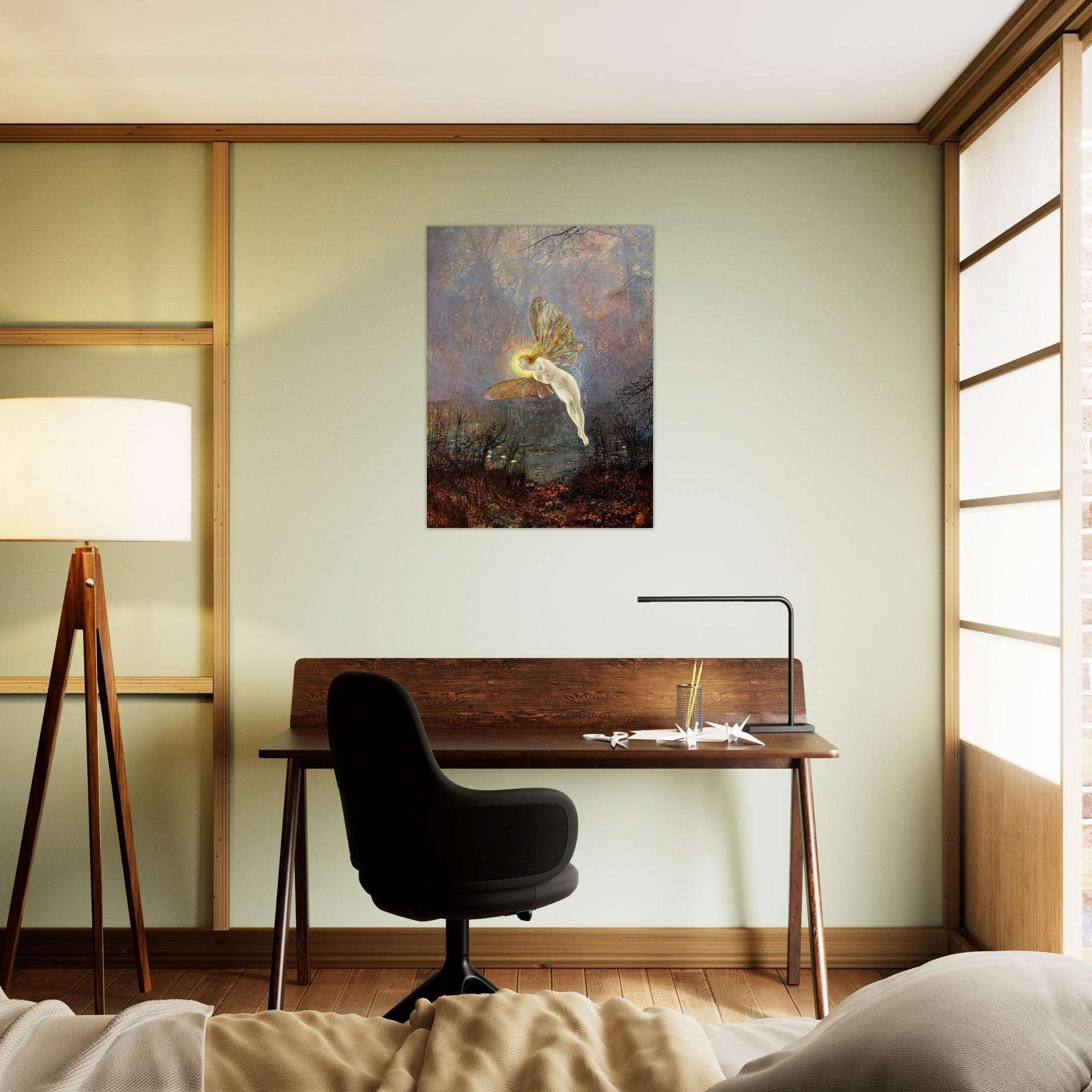 vintage fairy art print myth and symbolism dark academia fantasy moth wing fae wall decor moody enchanted forest aesthetic poster
