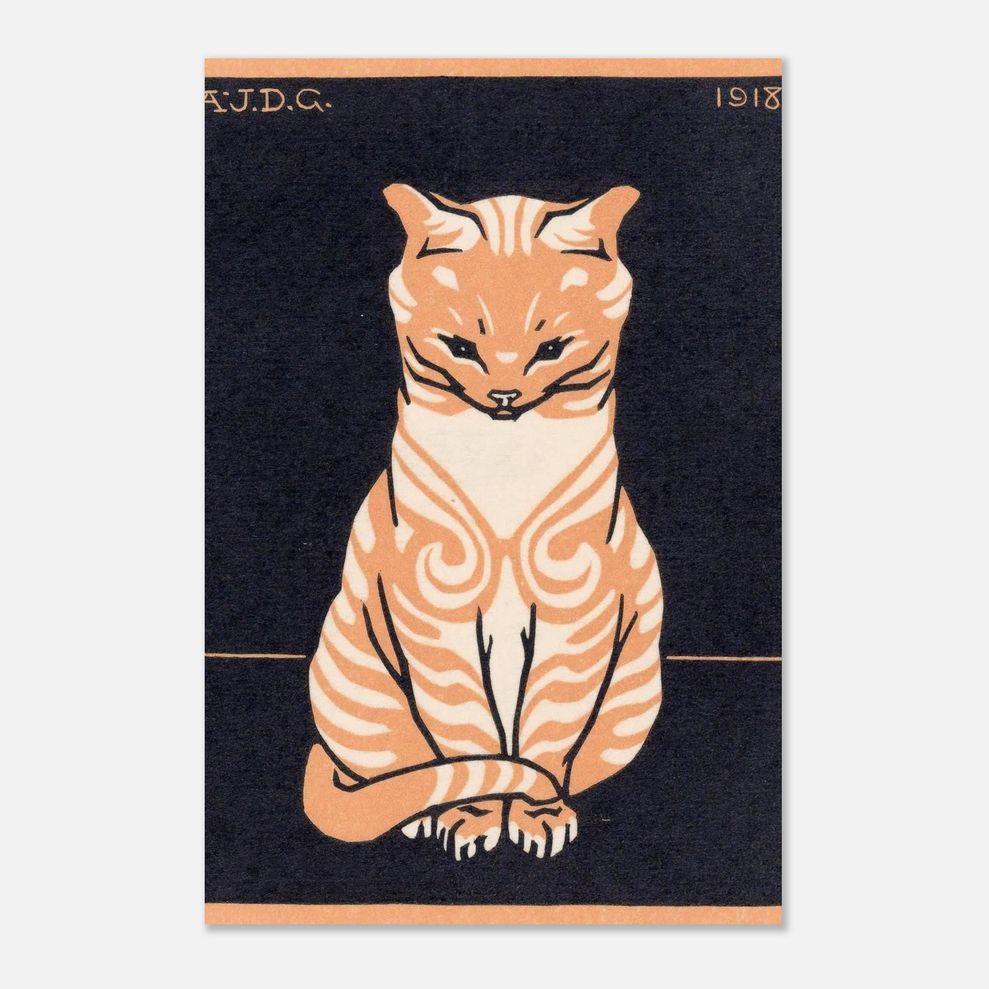 Julie de Graag Sitting Cat 1918 Vintage Woodcut Art Print Orange Tabby Feline Woodblock Poster Retro Wall Art Animals Creatures