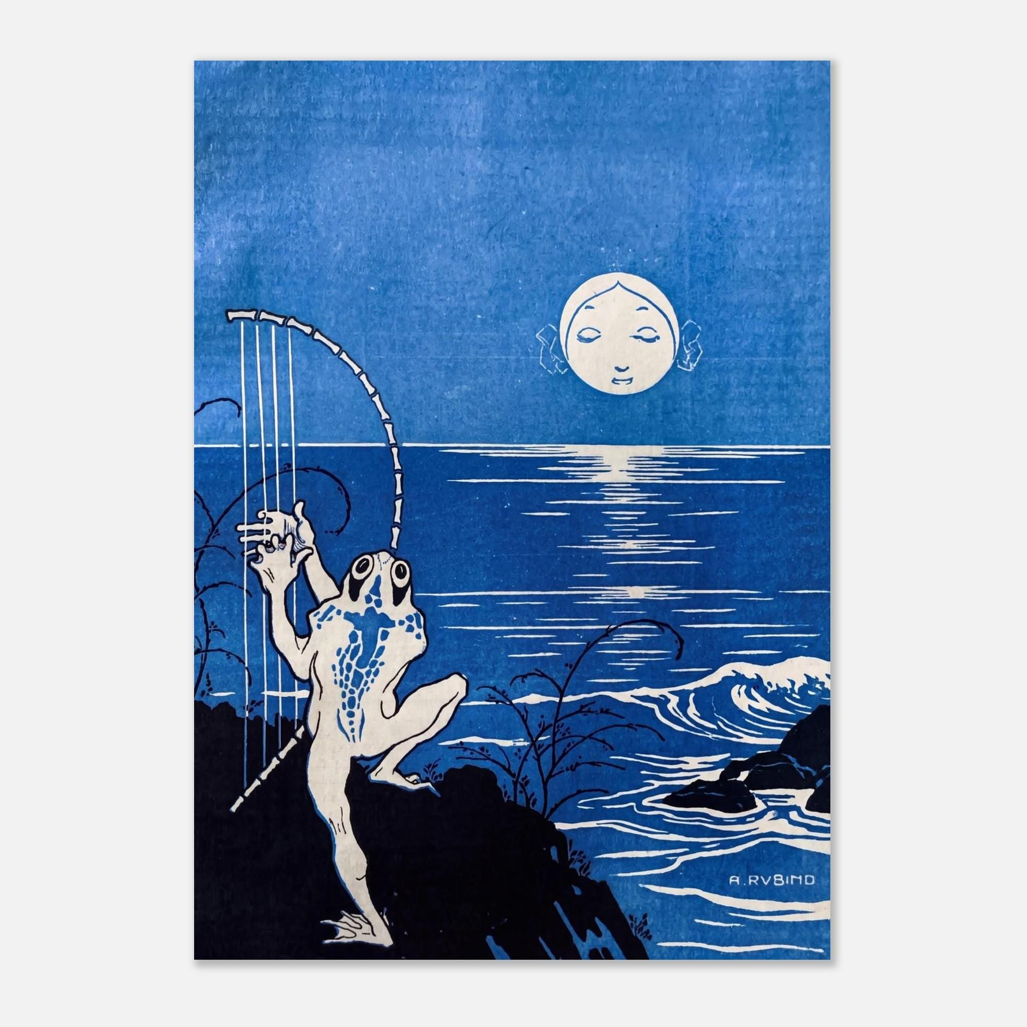 Vintage Frog Playing Bone Harp Under Moon Whimsical Blue Night Pond Poster Dark Cottagecore Animal Art Print Art Nouveau Vintage