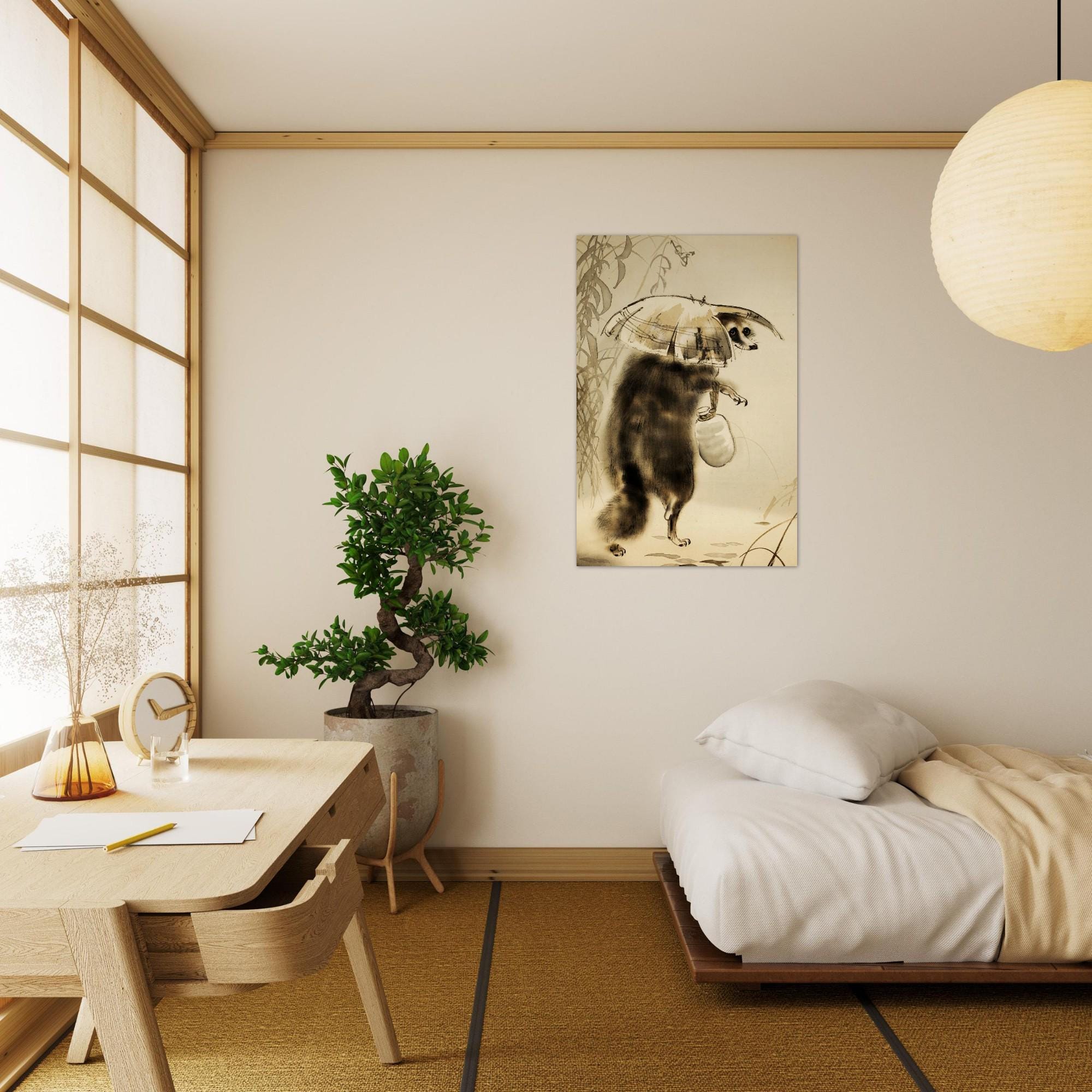 Japanese Tanuki Art Print Traditional Raccoon Dog with Sake Bottle and Straw Hat Vintage Asian Wall Decor Woodblock & Asian Art a1fe0