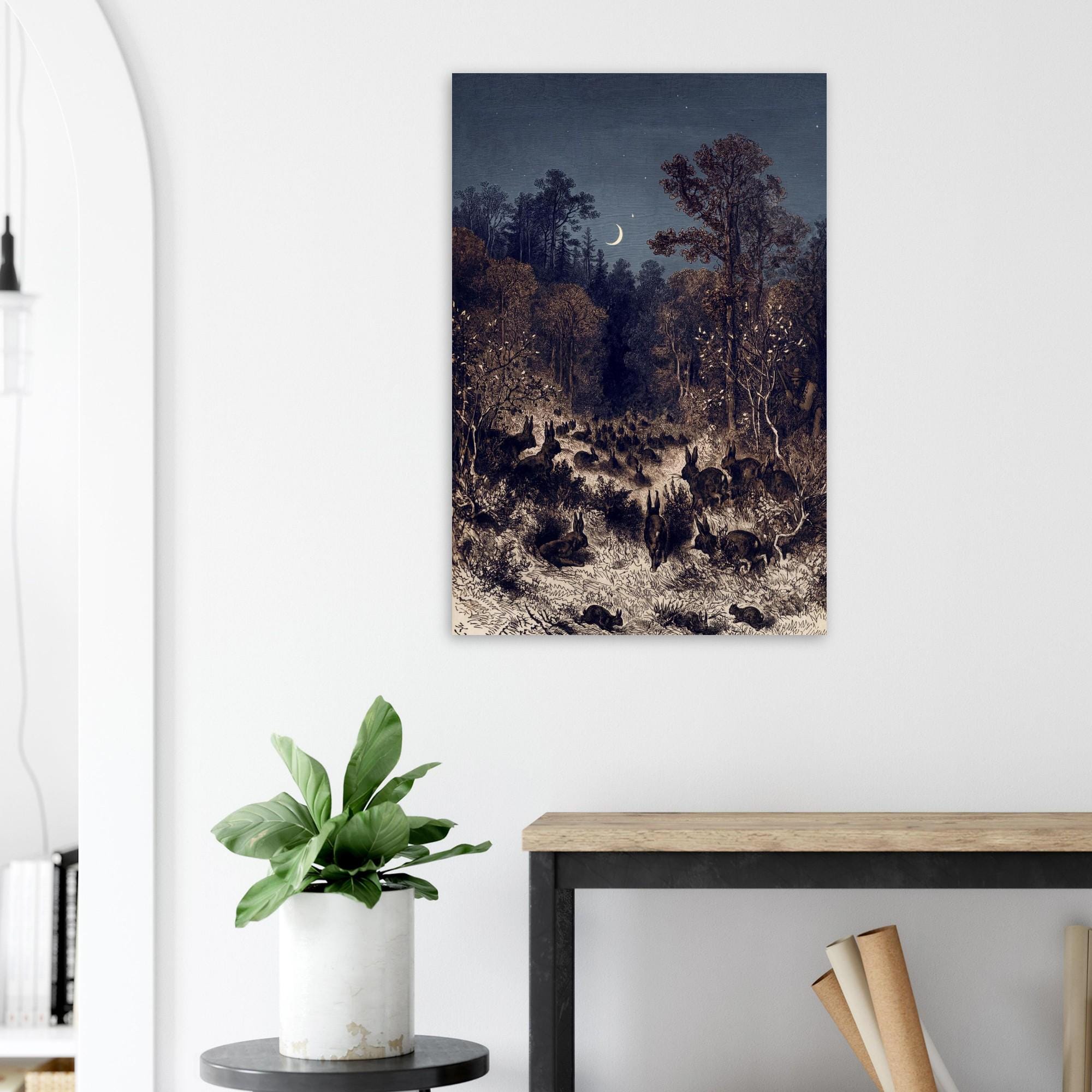 Antique Rabbit Forest Engraving Moody Moonlit Woodland Animals Vintage Bunny Wall Art Print Noir Nature Dark Academia & Moody