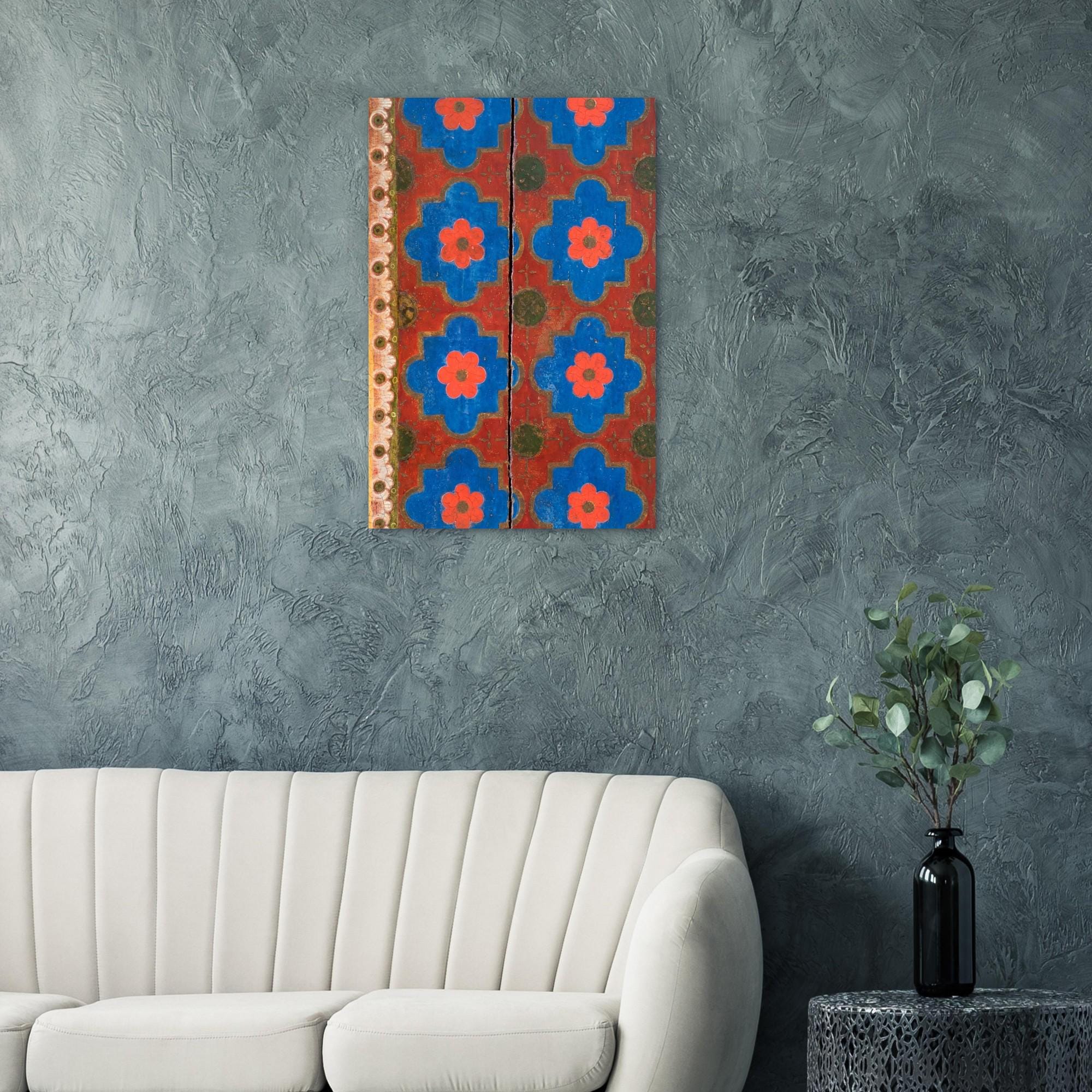 Medieval Floral Pattern Art Print Red Blue Gold Folk Art Rosette Wall Decor Antique Wooden Ceiling Motif - Folk & Naive Art