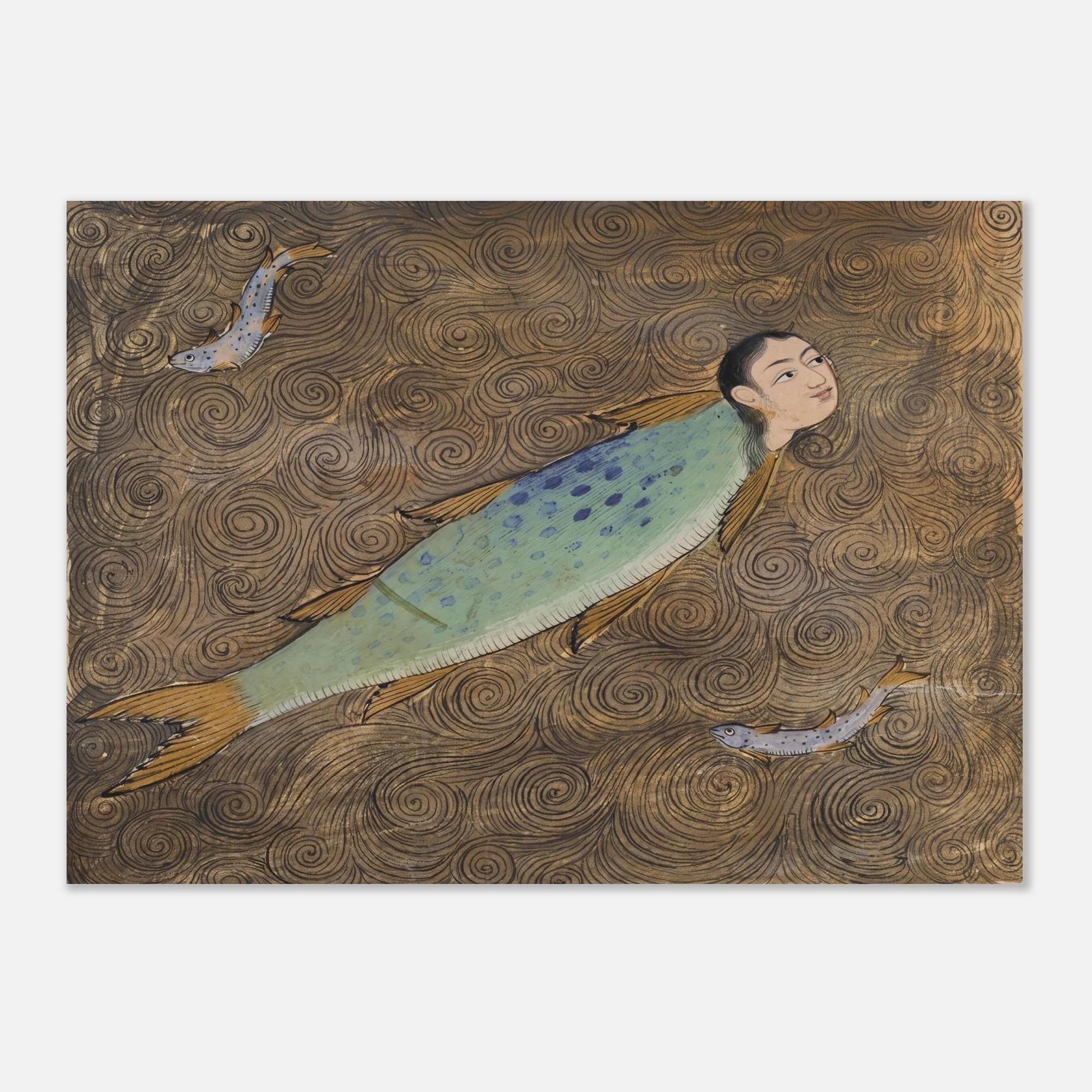 Persian Miniature Mythical Human Fish Painting Vintage Islamic Manuscript Art Print Medieval Bestiary Decor Myth Symbolism