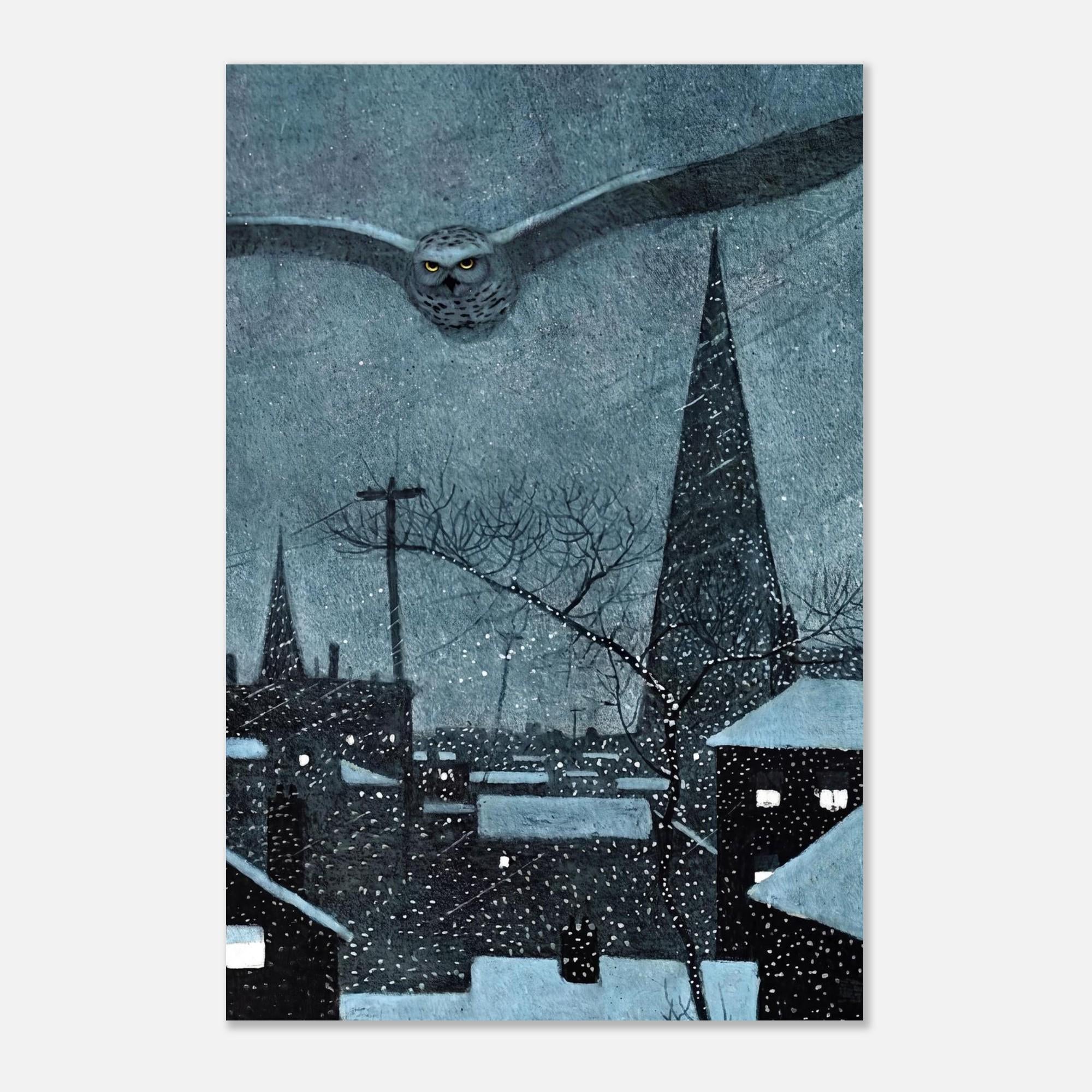 Moody Snowy Owl Wall Art Dark Academia Vintage Winter Night Painting Antique Bird Decor Snowy Village Dark Academia Moody