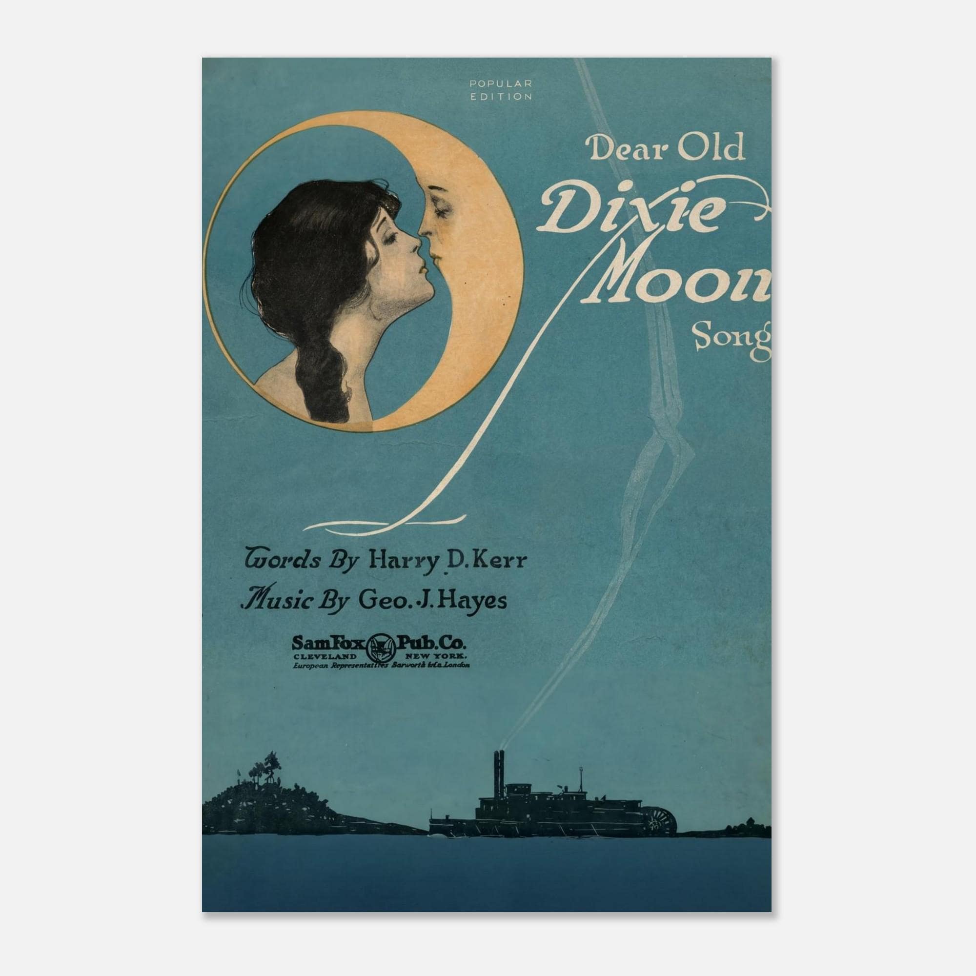 Vintage Moon Art Print Woman Kissing Crescent Moon 1920s Sheet Music Poster Celestial Wall Decor Whimsigoth Gift Retro Decor