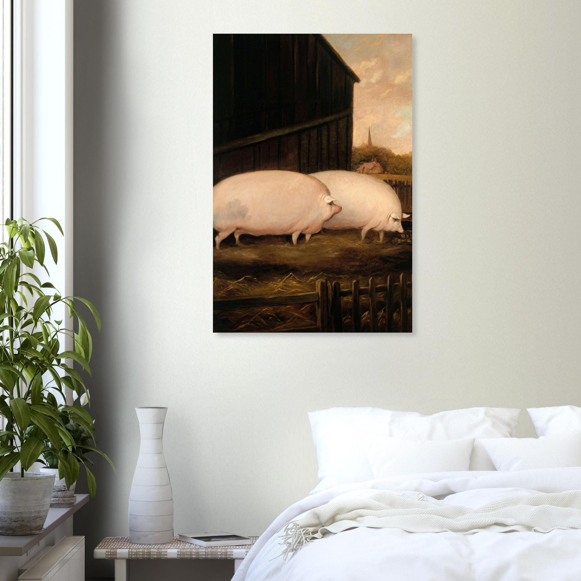 British Folk Art Pig Painting | Moody Farmhouse Wall Art | Antique English School Art Print | Chonky Prize Pig Kitchen Wall Decor