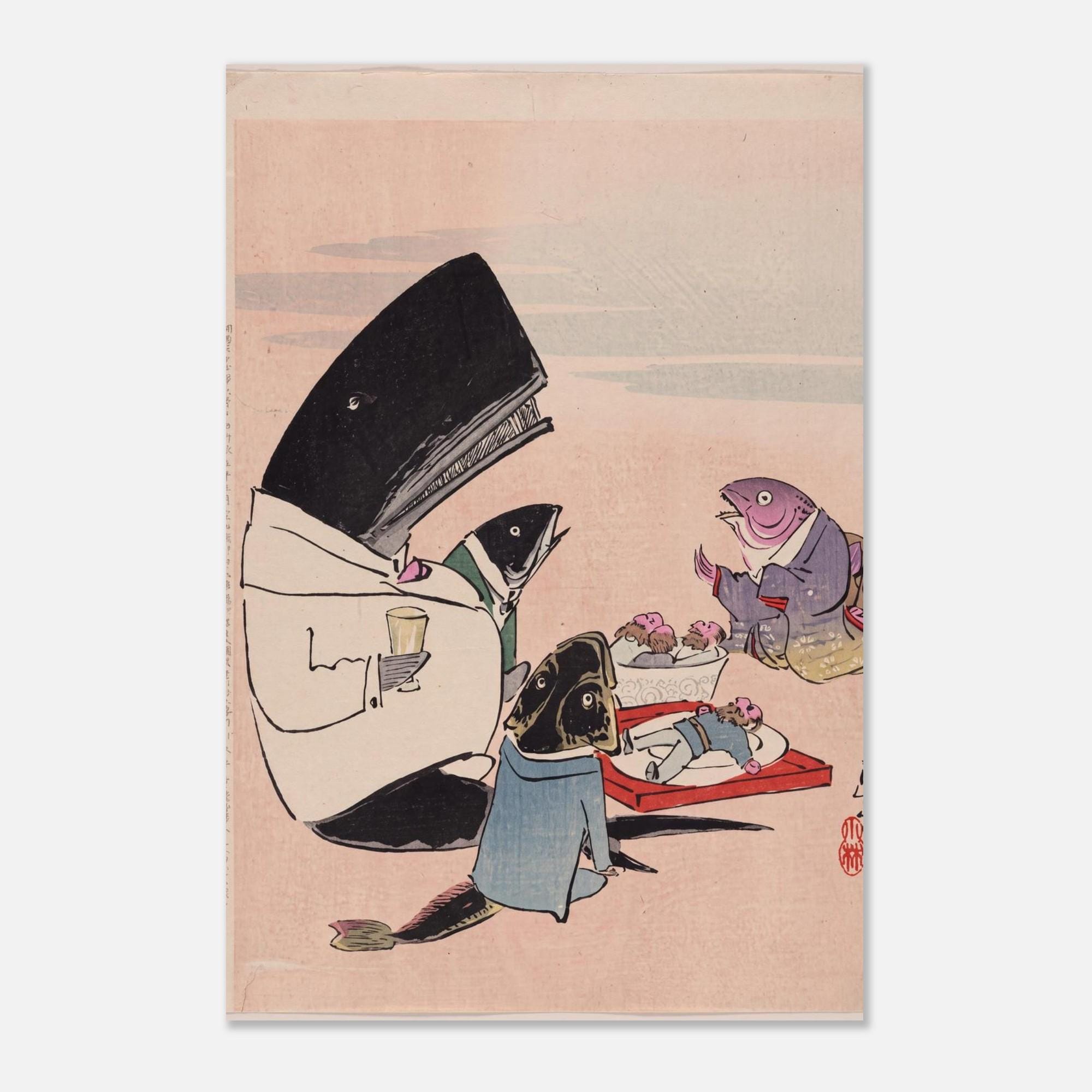 Surreal Weird Japanese Woodblock Print Whale and Fish Dining Satirical Vintage Meiji Era Wall Art Print Woodblock Asian Art