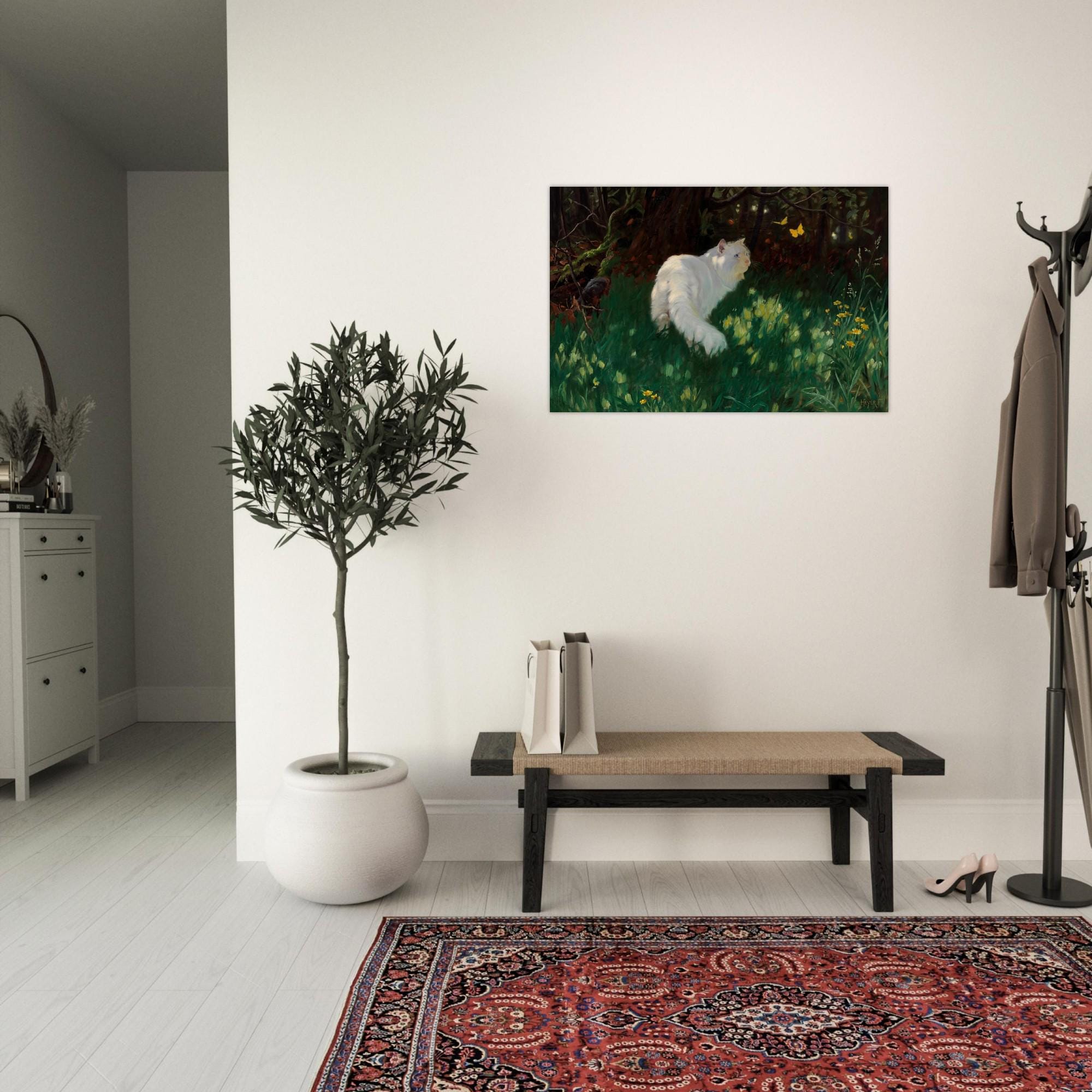 Vintage White Cat Painting Art Print Arthur Heyer Butterflies Wall Decor Cottagecore Feline Poster Gift Animals Creatures