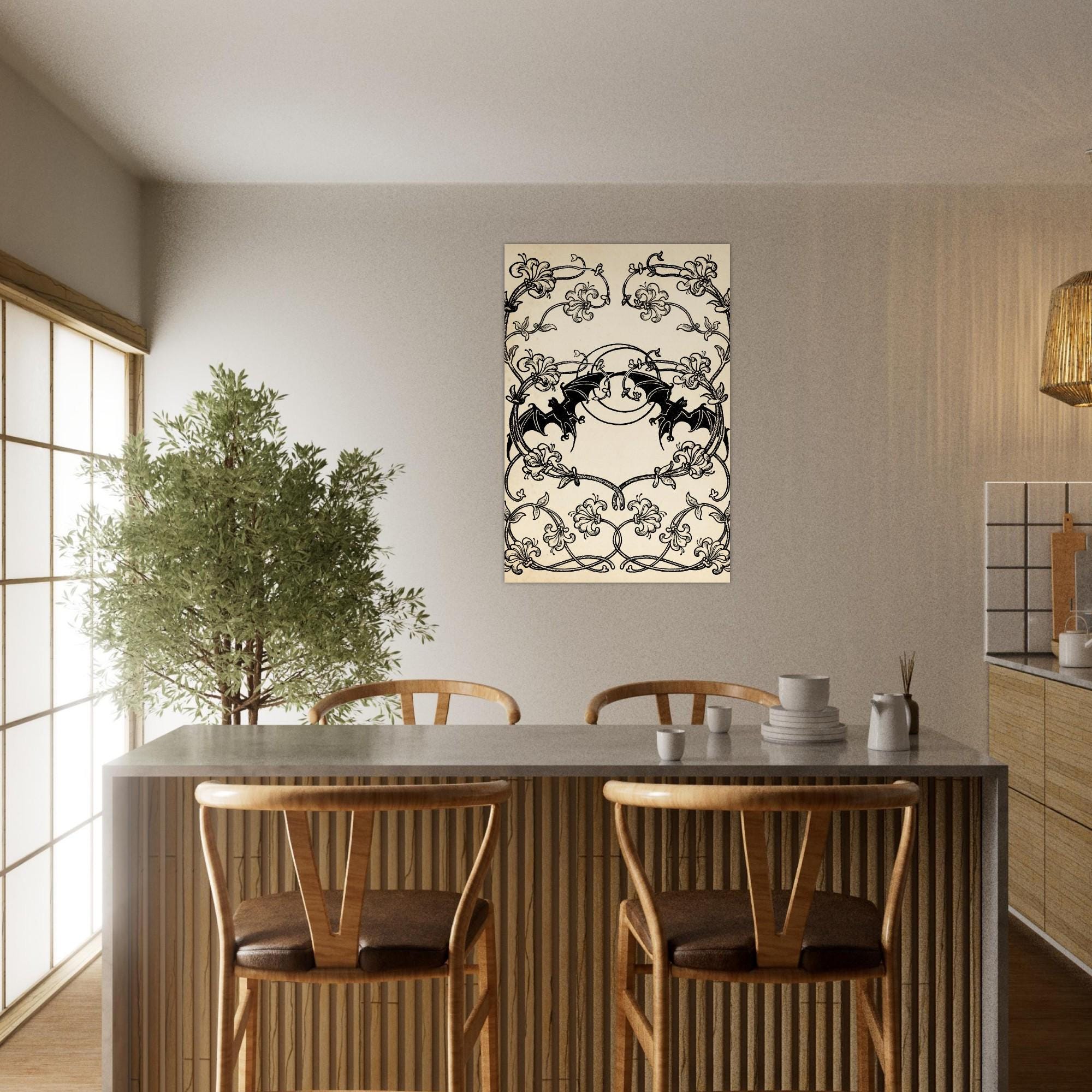 Antique Vintage Bat and Lily Art Print Gothic Victorian Wall Decor Symmetrical Black and White Illustration Art Nouveau & Vintage