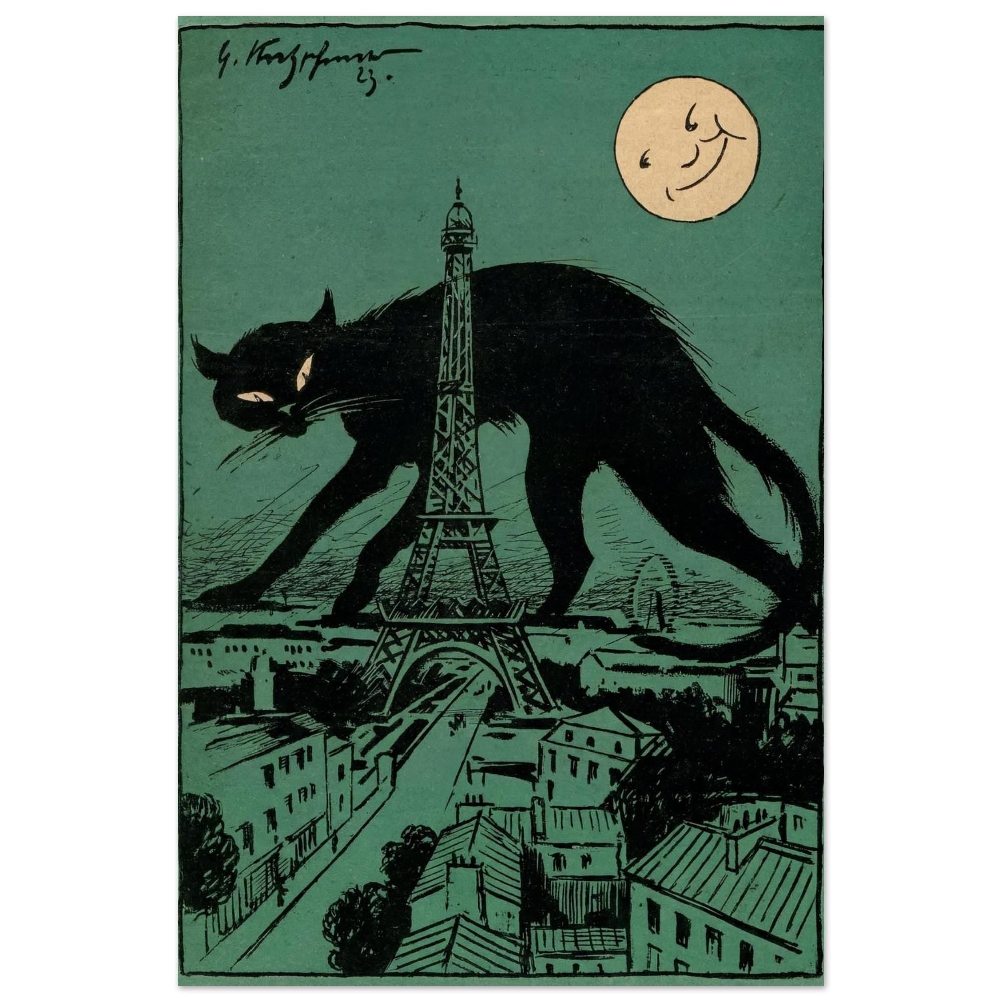 Black Cat Paris Wall Art Print Giant Feline Over Eiffel Tower Moon Face 1920s French Illustration Art Nouveau & Vintage C6bW8