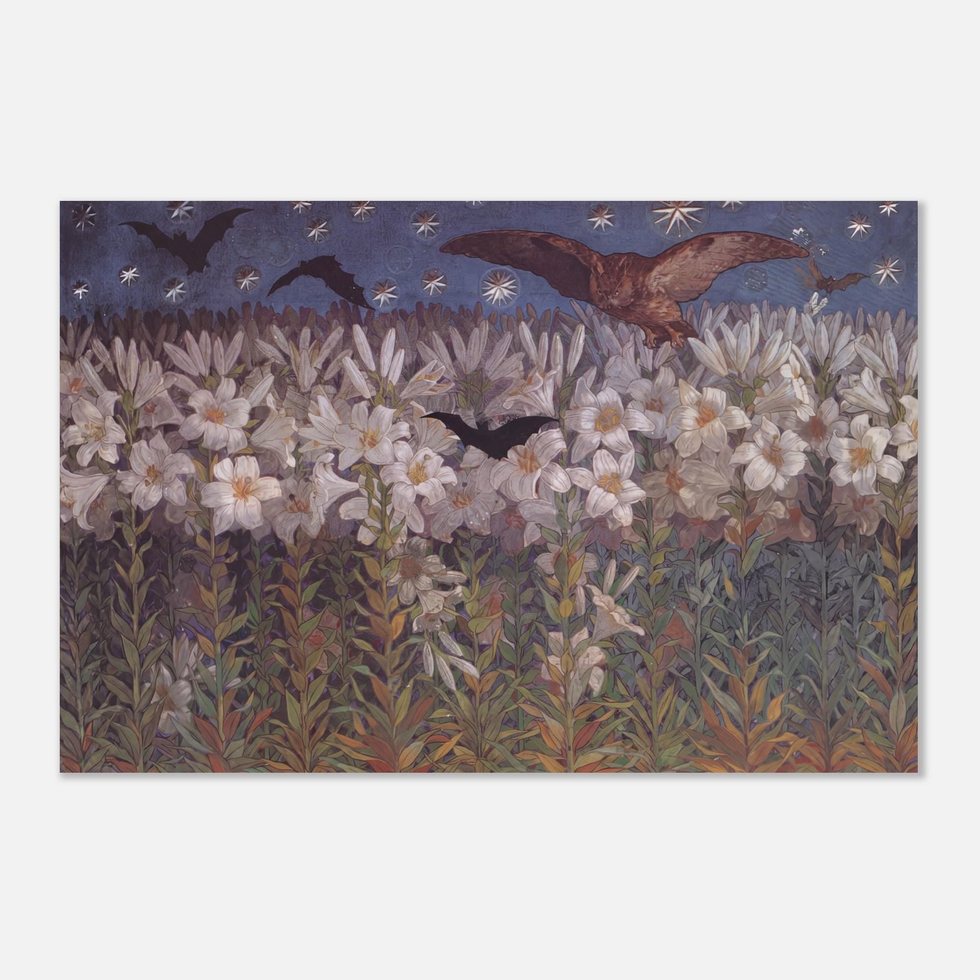 Vintage Owl Art Nouveau Print Nocturnal Bats and Lilies Night Sky Illustration Antique Gothic Wall Decor Art Nouveau Masters