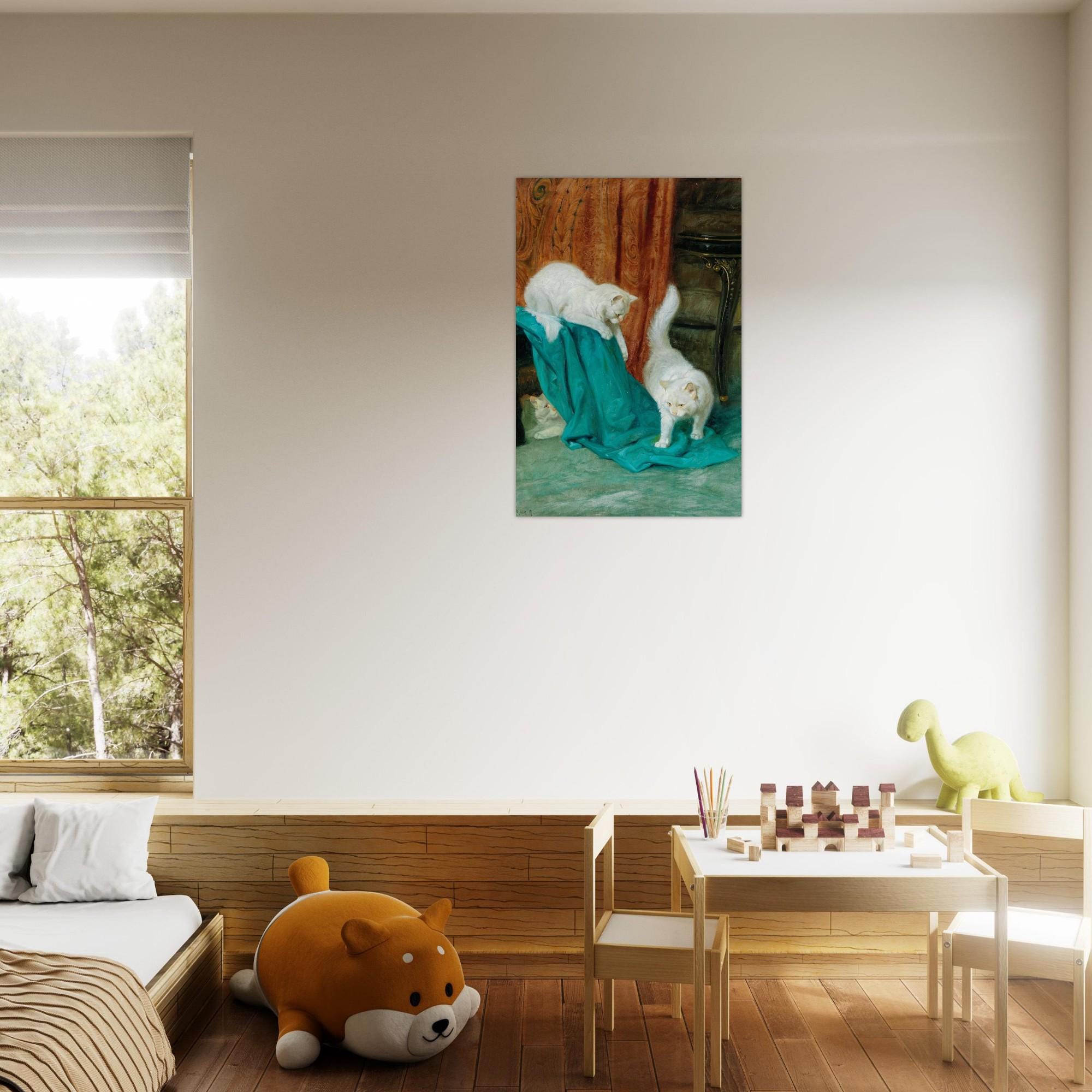 Vintage White Cat Oil Painting Print Arthur Heyer Three Curious Kittens Antique Feline Wall Art Decor Animals Creatures