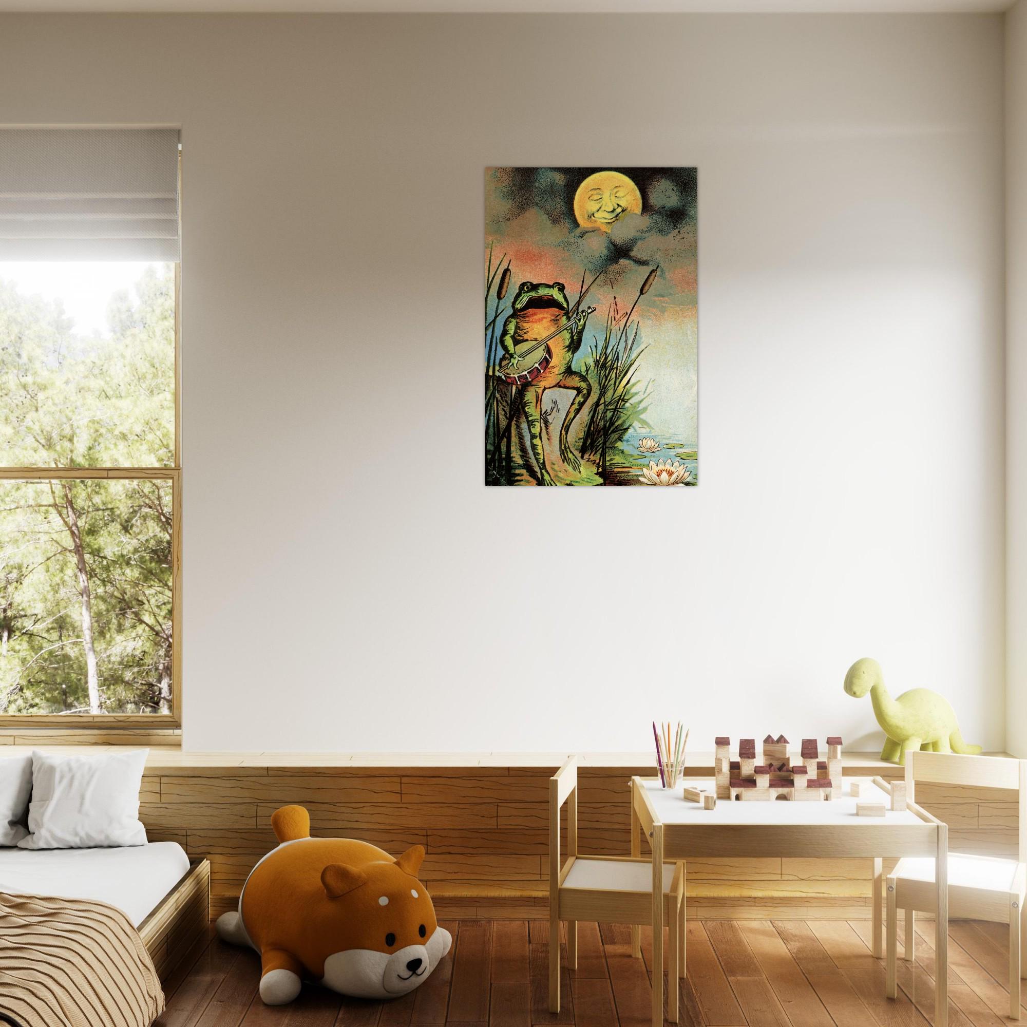 Vintage Frog Playing Banjo Wall Art Print Whimsical Animal Moonlight Decor Cottagecore Folk Art Frog with Banjo Folk & Naive Art 69a9f