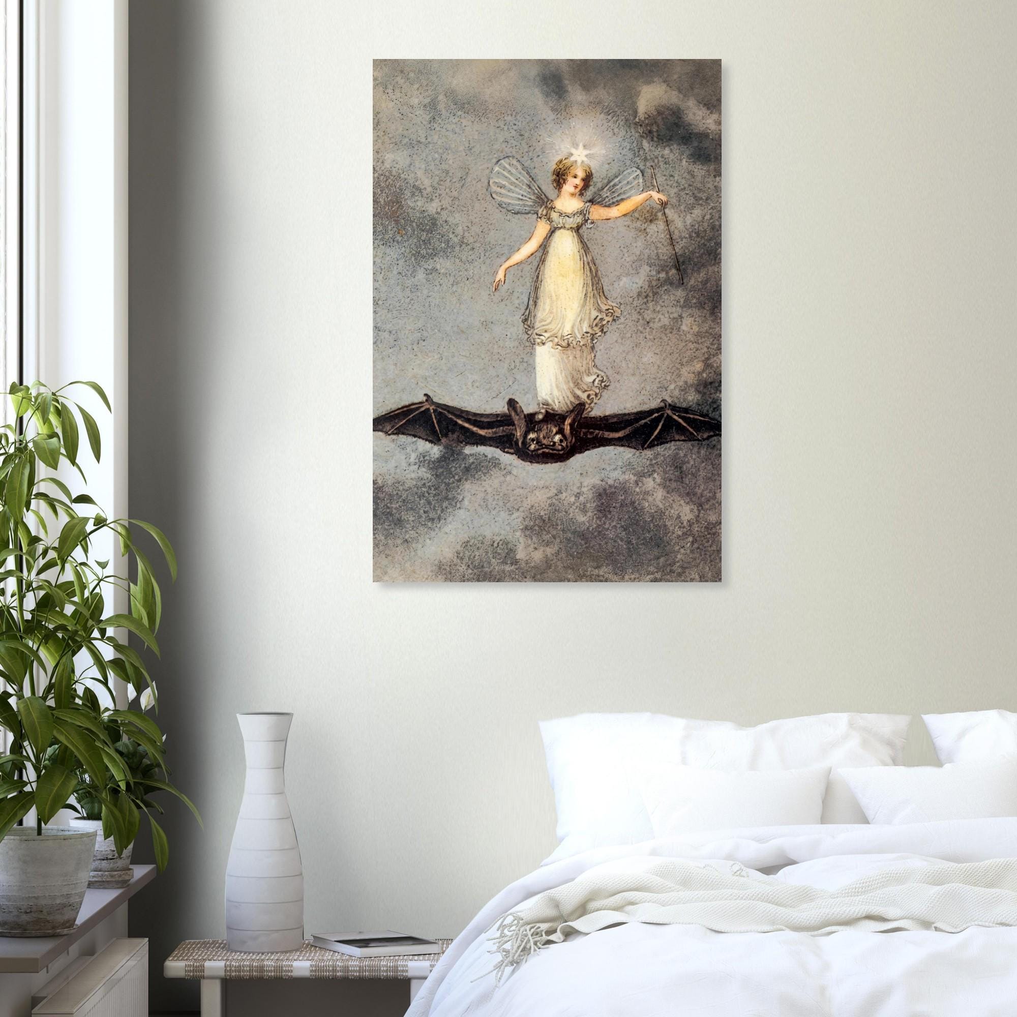 Victorian Fairy Riding Bat Art Print Amelia Jane Murray Regency Illustration Gothic Mythology Whimsical Decor Dark Academia Moody