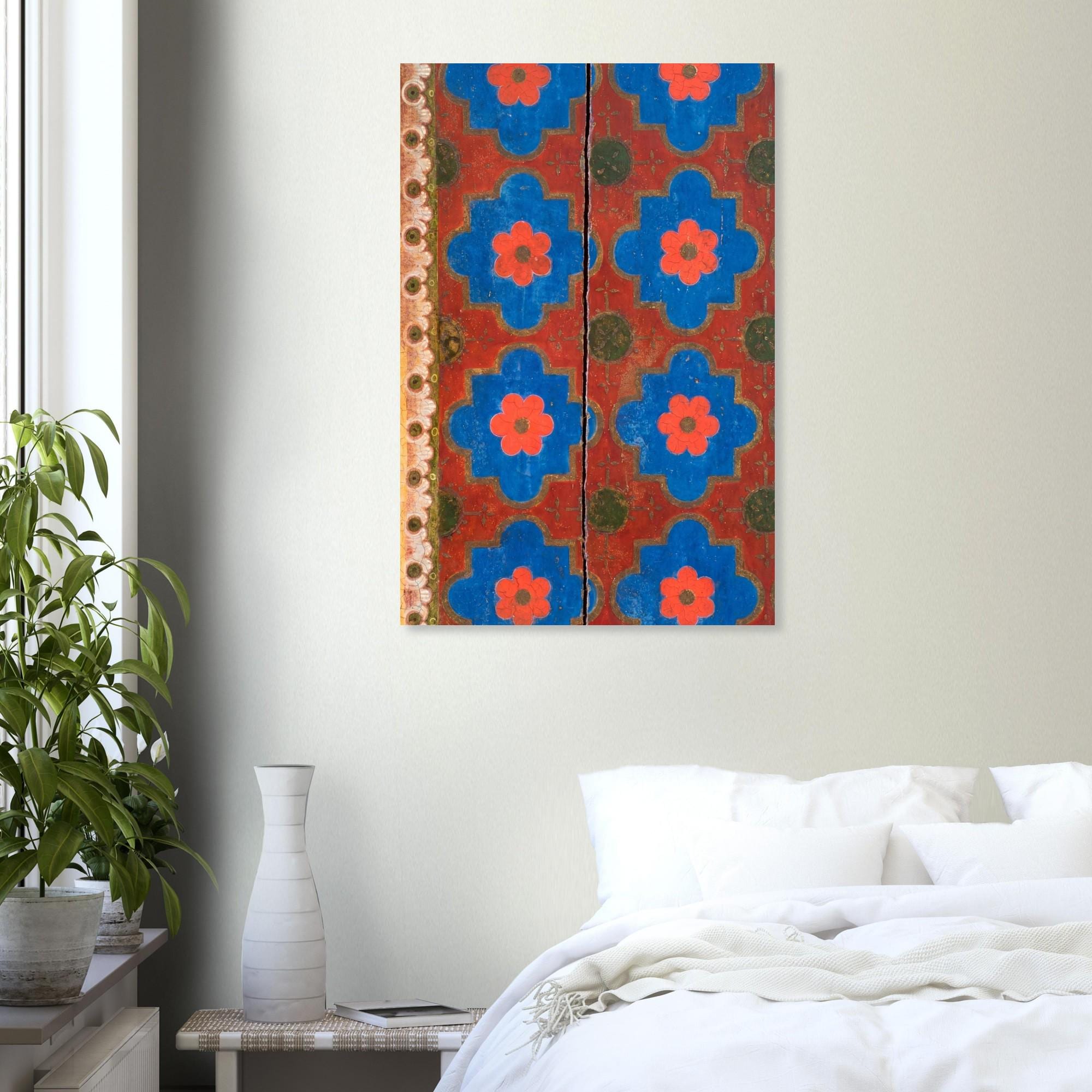 Medieval Floral Pattern Art Print Red Blue Gold Folk Art Rosette Wall Decor Antique Wooden Ceiling Motif - Folk & Naive Art
