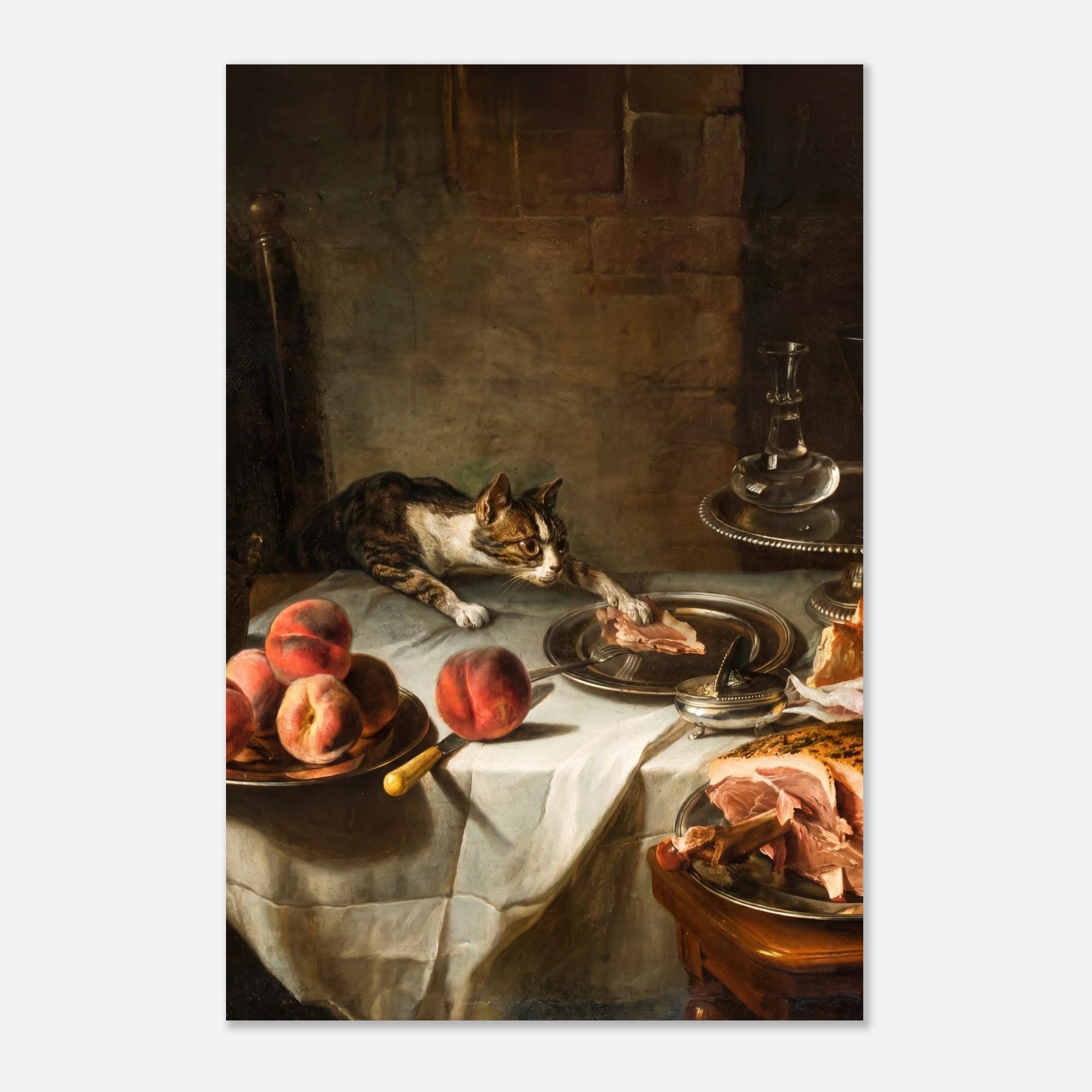 Vintage Cat Stealing Food Painting Dark Academia Moody Still Life Art 18th Century Mischievous Cat Print Still Life Interiors