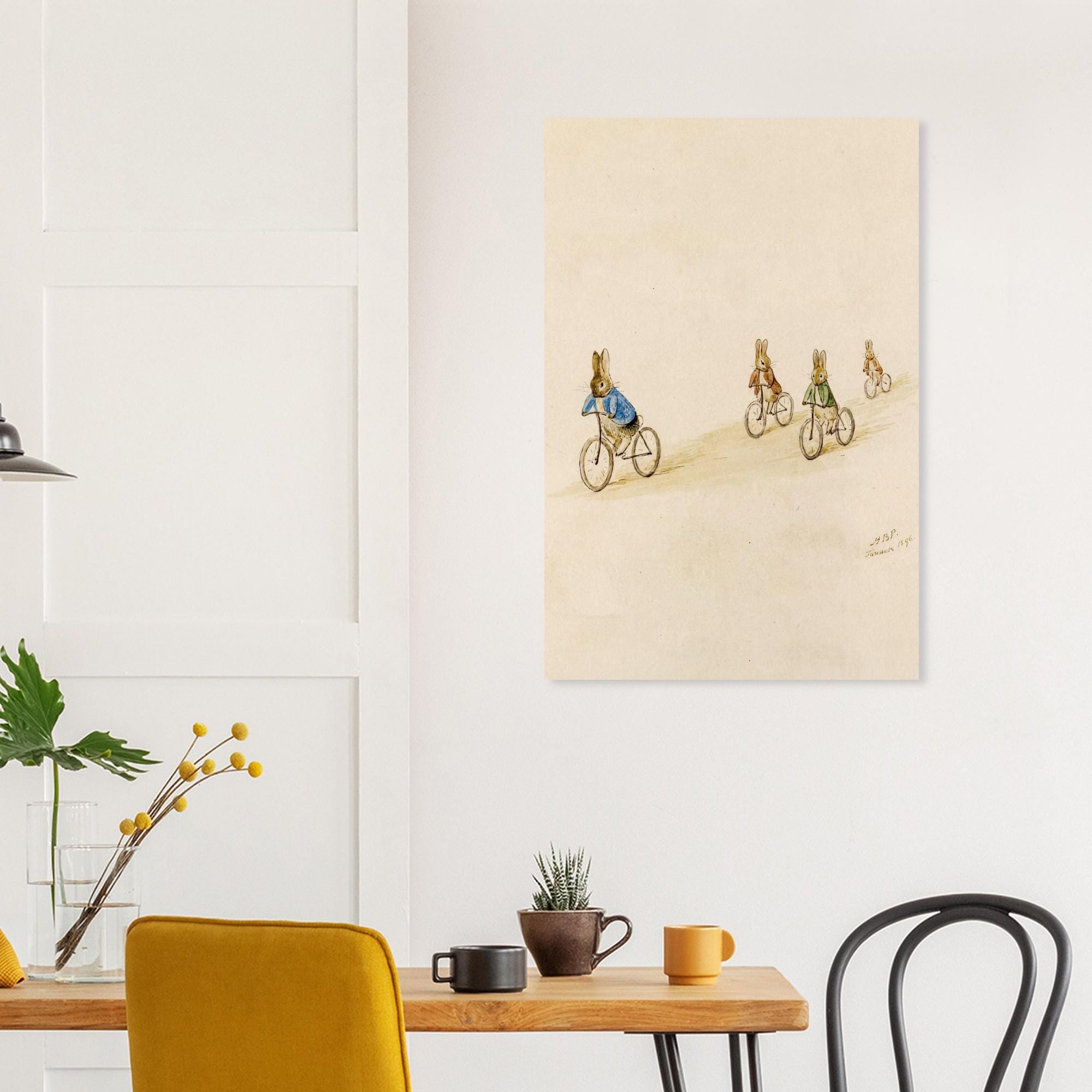 Beatrix Potter Rabbits on Bicycles Art Print | Vintage Nursery Wall Art | Antique Bunny Illustration | Baby Boy Room Decor | Unframed