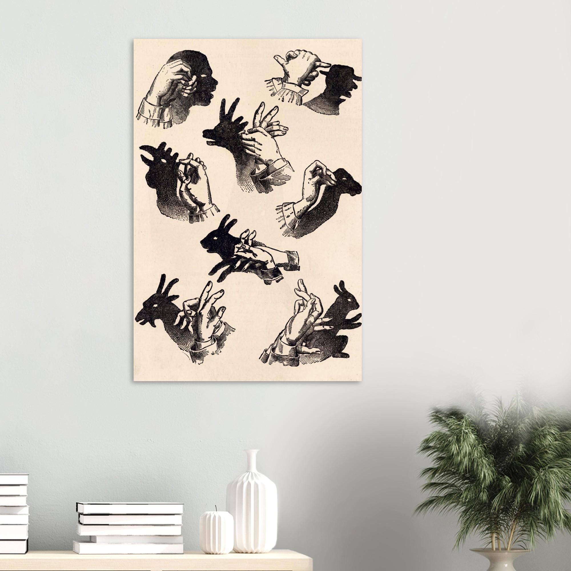 Vintage Hand Shadow Puppet Art Print Victorian Shadowgraphy Illustration Antique Oddities Wall Decor Dark Academia Animals Creatures