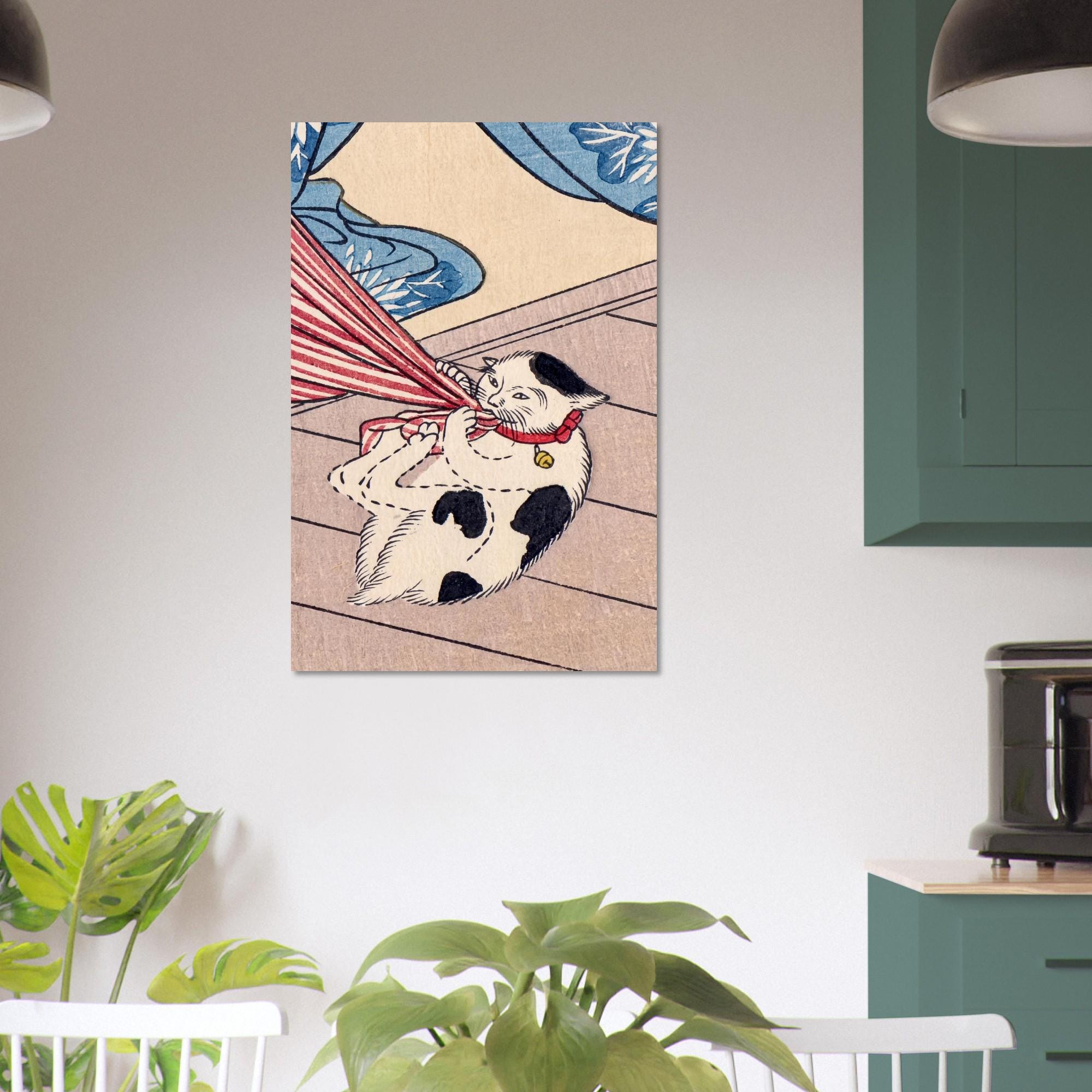 Japanese Cat Woodblock Print Kuniyoshi Wall Art Mischievous Calico Cat Biting Umbrella Vintage Asian Decor Woodblock Asian Art