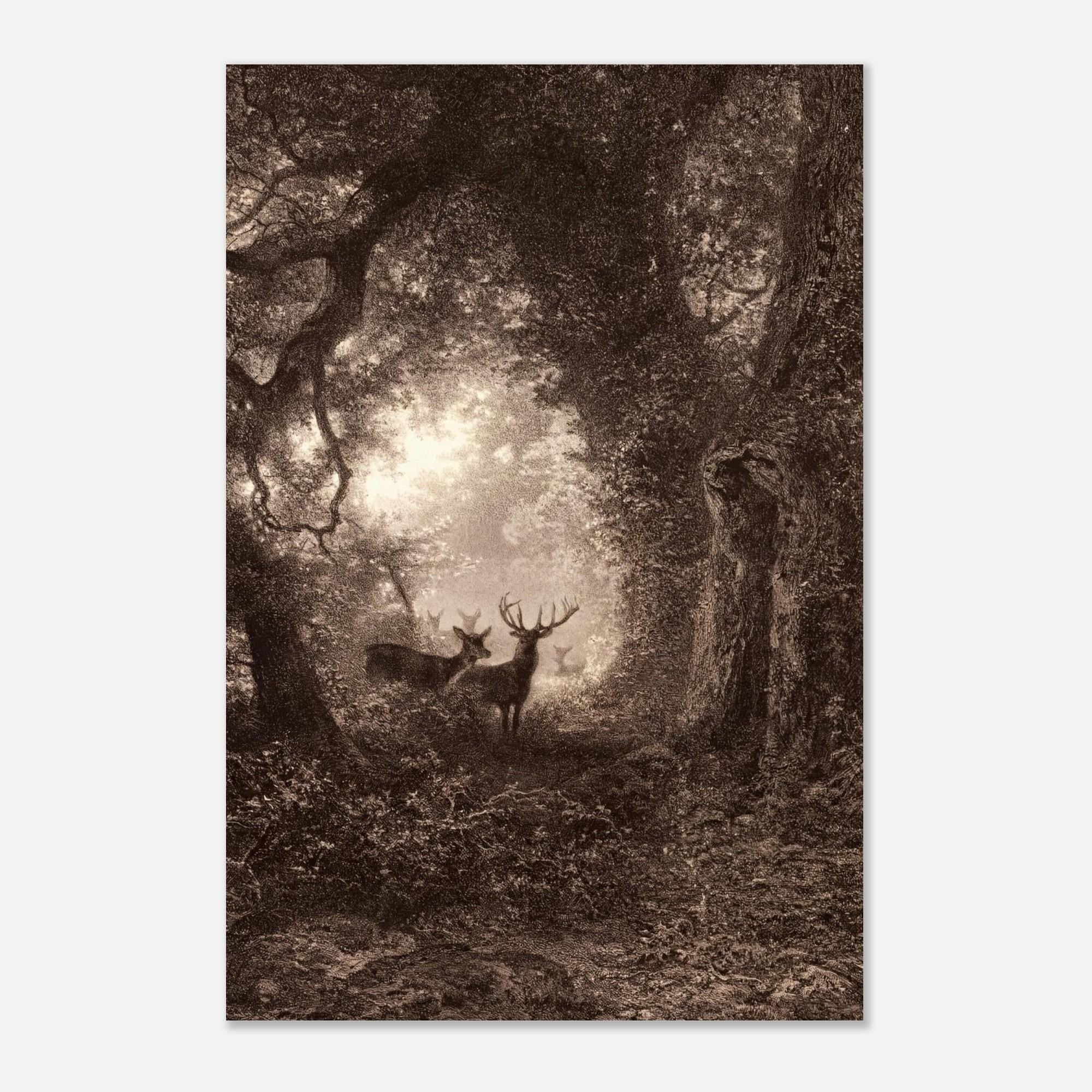 Vintage Deer Engraving Art Print Antique Stag Forest Landscape Woodland Wildlife Wall Decor Moody Dark Academia Moody