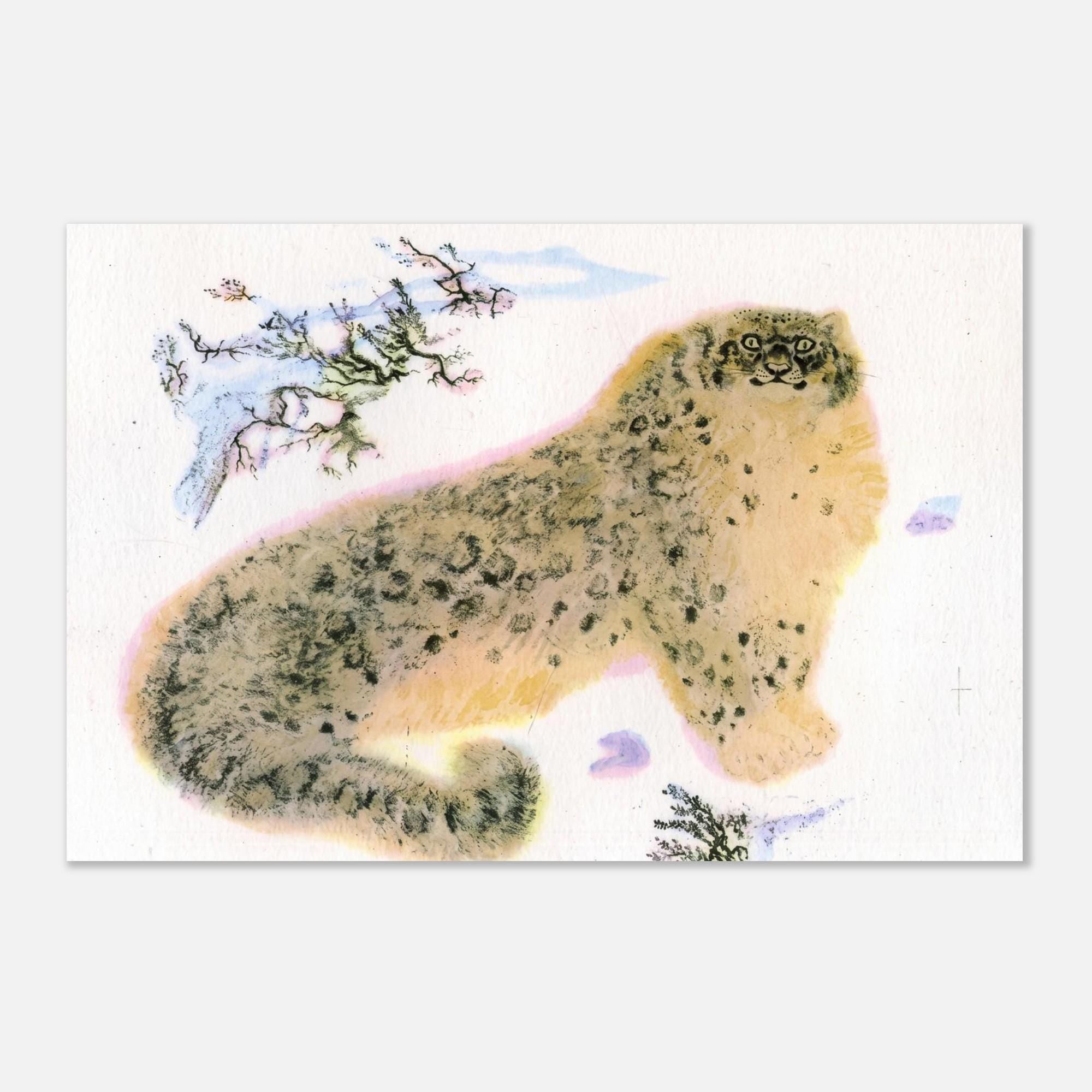 Vintage Snow Leopard Asian Art Print Traditional Sumi e Ink Wash Painting Minimalist Animal Wall Decor Woodblock Asian Art