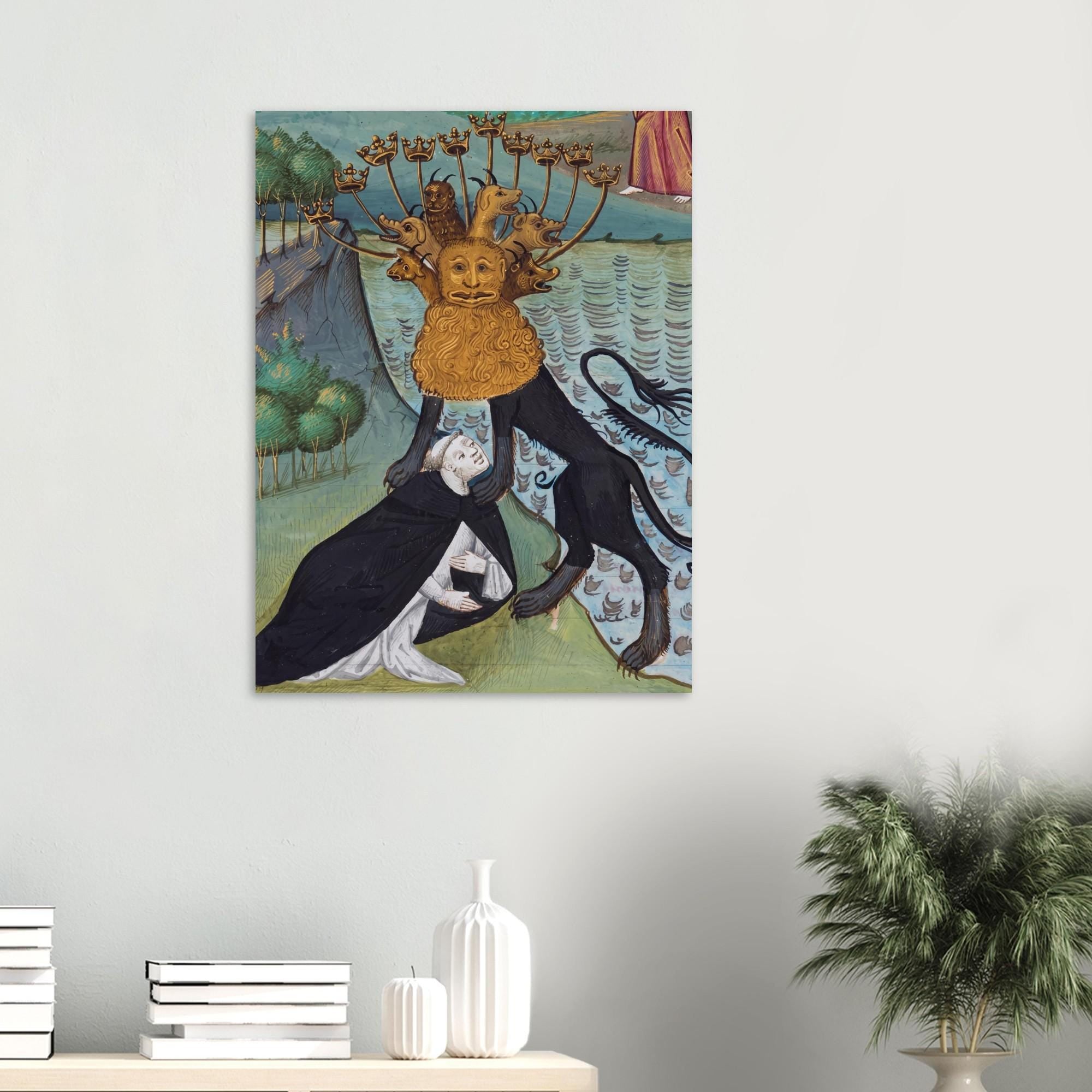 Seven Headed Beast Art Print Medieval Apocalypse Illuminated Manuscript Poster Book Of Revelation Wall Decor Myth And Symbolism