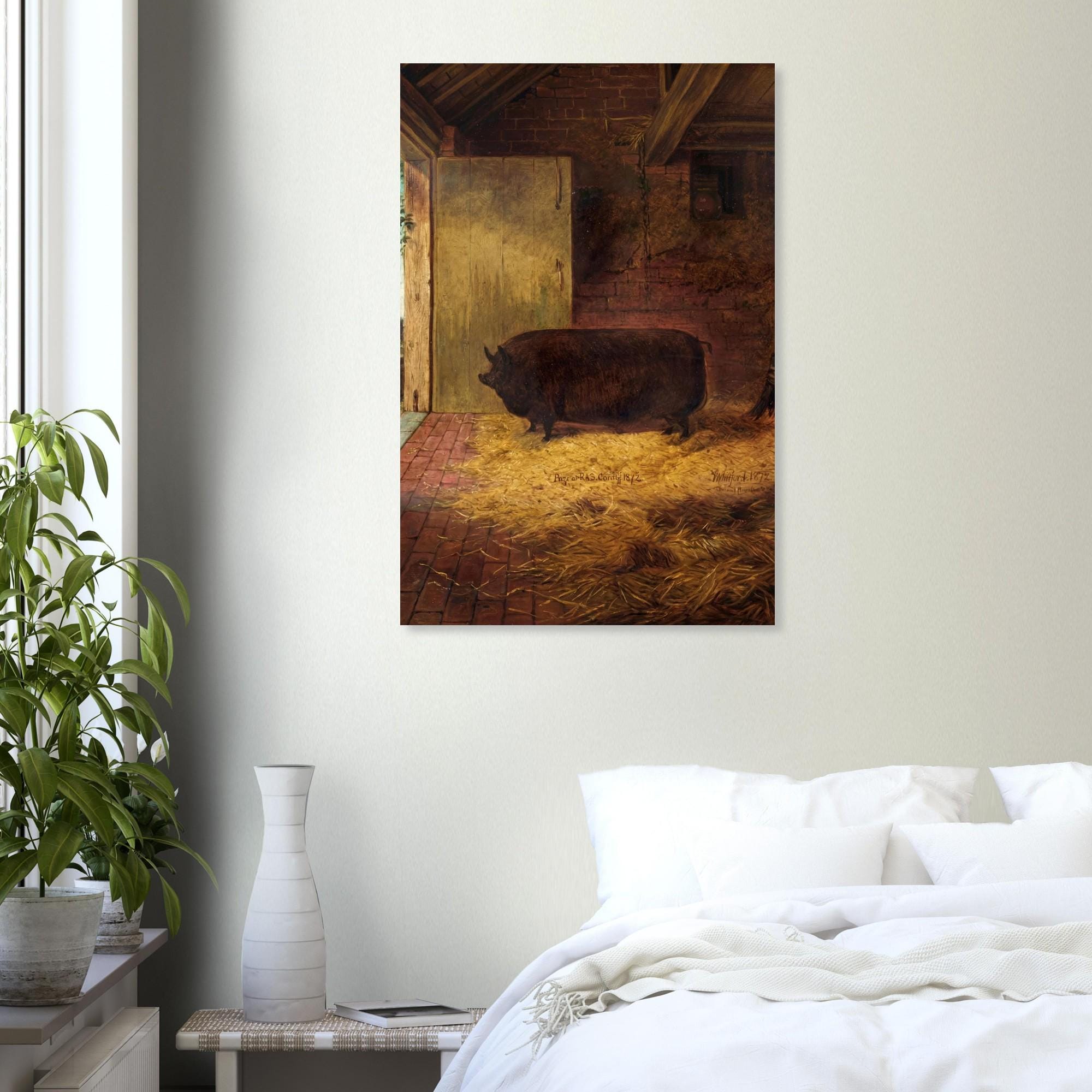 Antique Prize Pig Art Print | Moody Farmhouse Wall Art | Vintage Animal Portrait | Rustic Country Kitchen Decor | Folk Art Poster