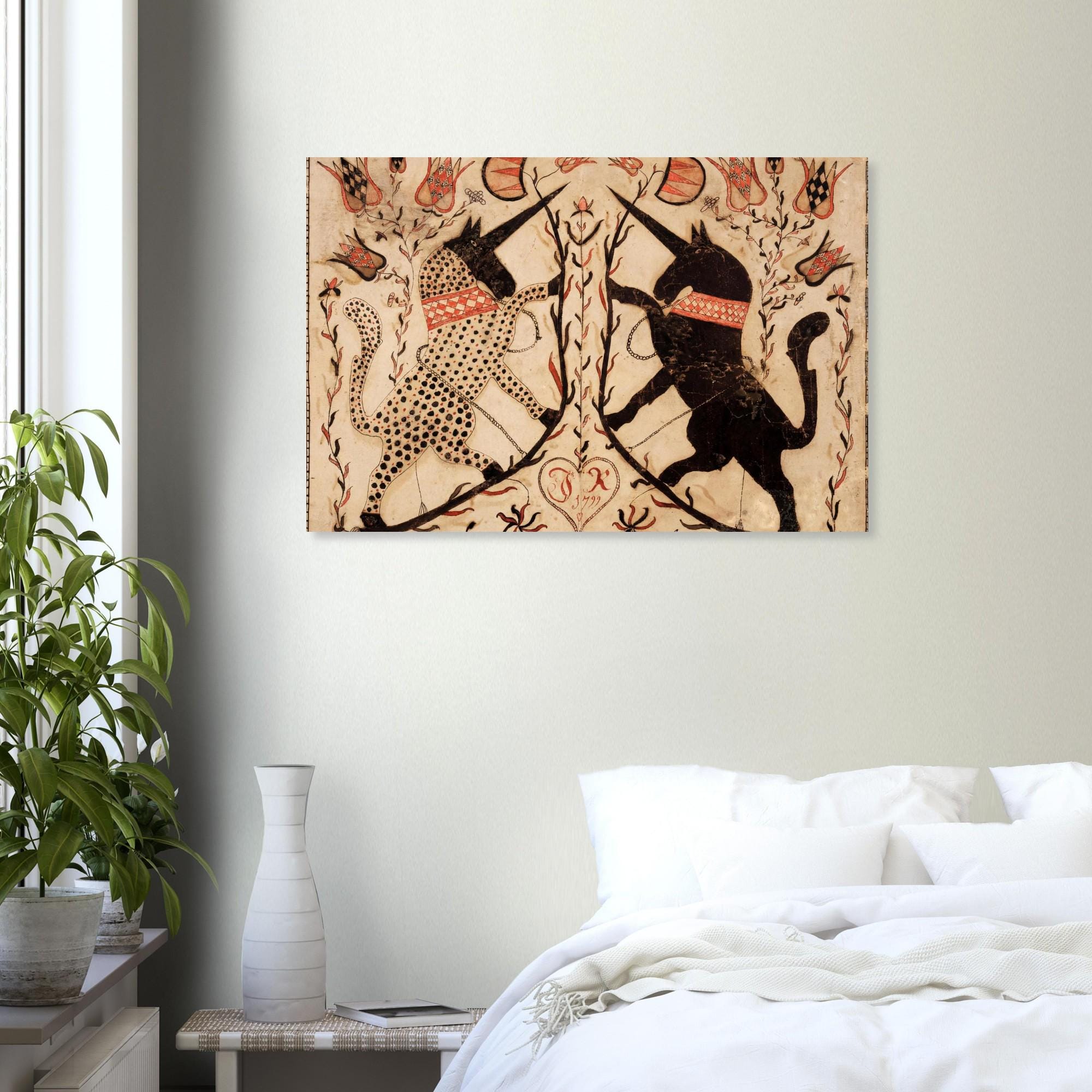 Two Unicorns by Sussel-Unicorn Artist Archival Paper Print, Primitive Folk Art, Living Room Wall Decor, Whimsical Mythical Art. Gift Idea