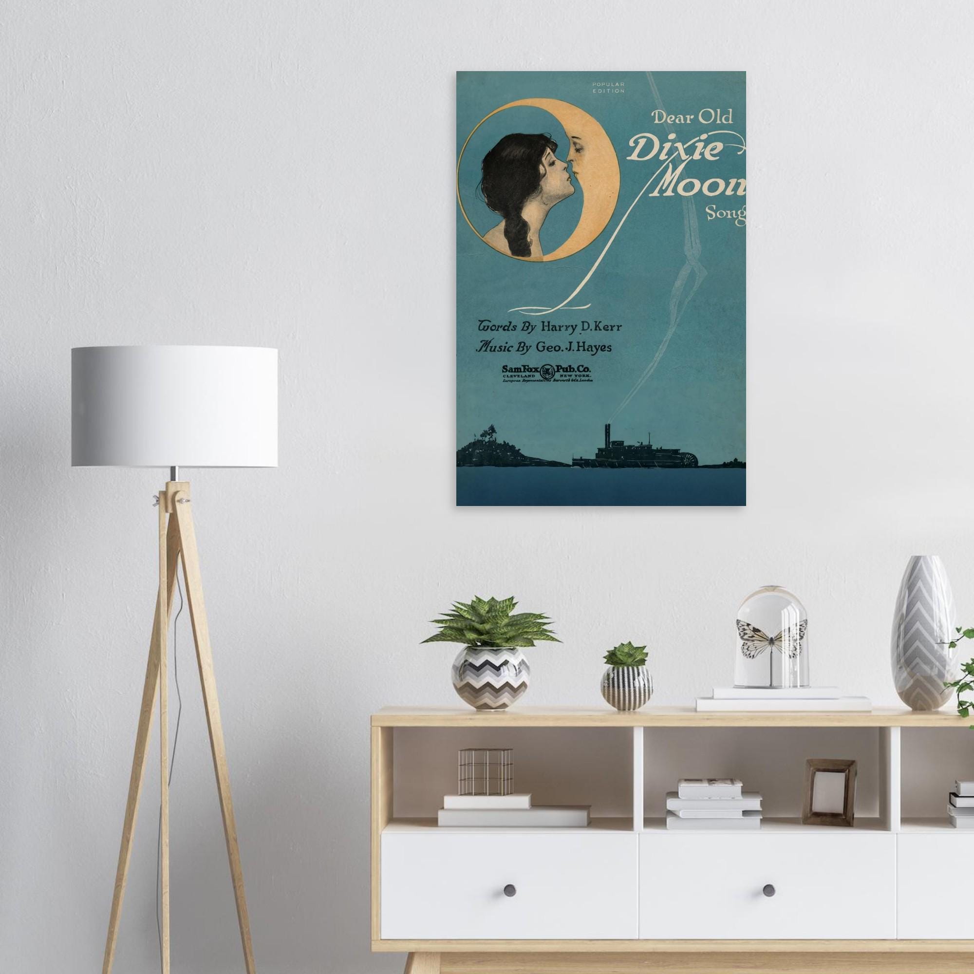Vintage Moon Art Print Woman Kissing Crescent Moon 1920s Sheet Music Poster Celestial Wall Decor Whimsigoth Gift Retro Decor