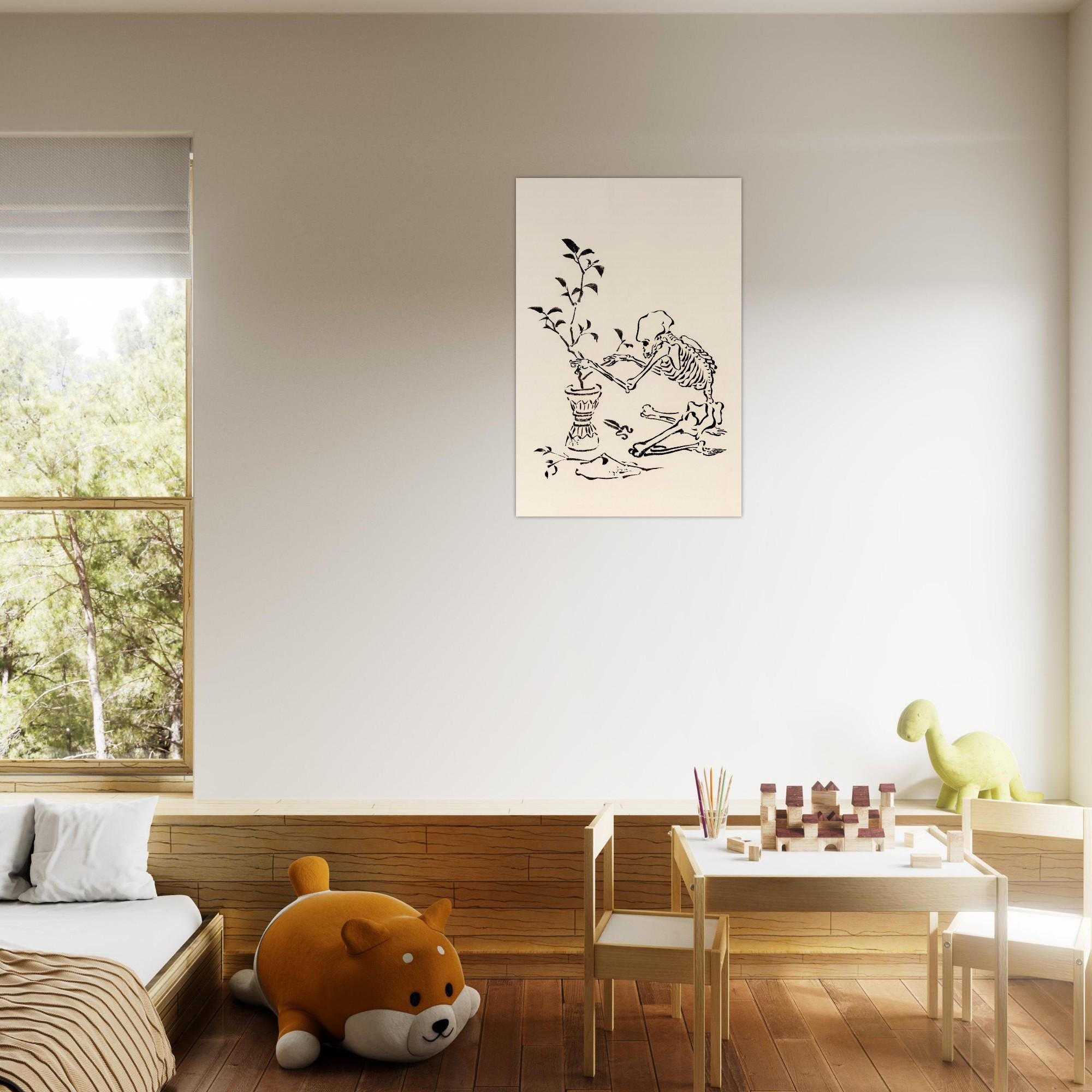 Kawanabe Kyosai Skeleton Pruning Plant Art Print | Japanese Sumi-e Ink Sketch | Vintage Gothic Wall Art | Macabre Home Decor Print
