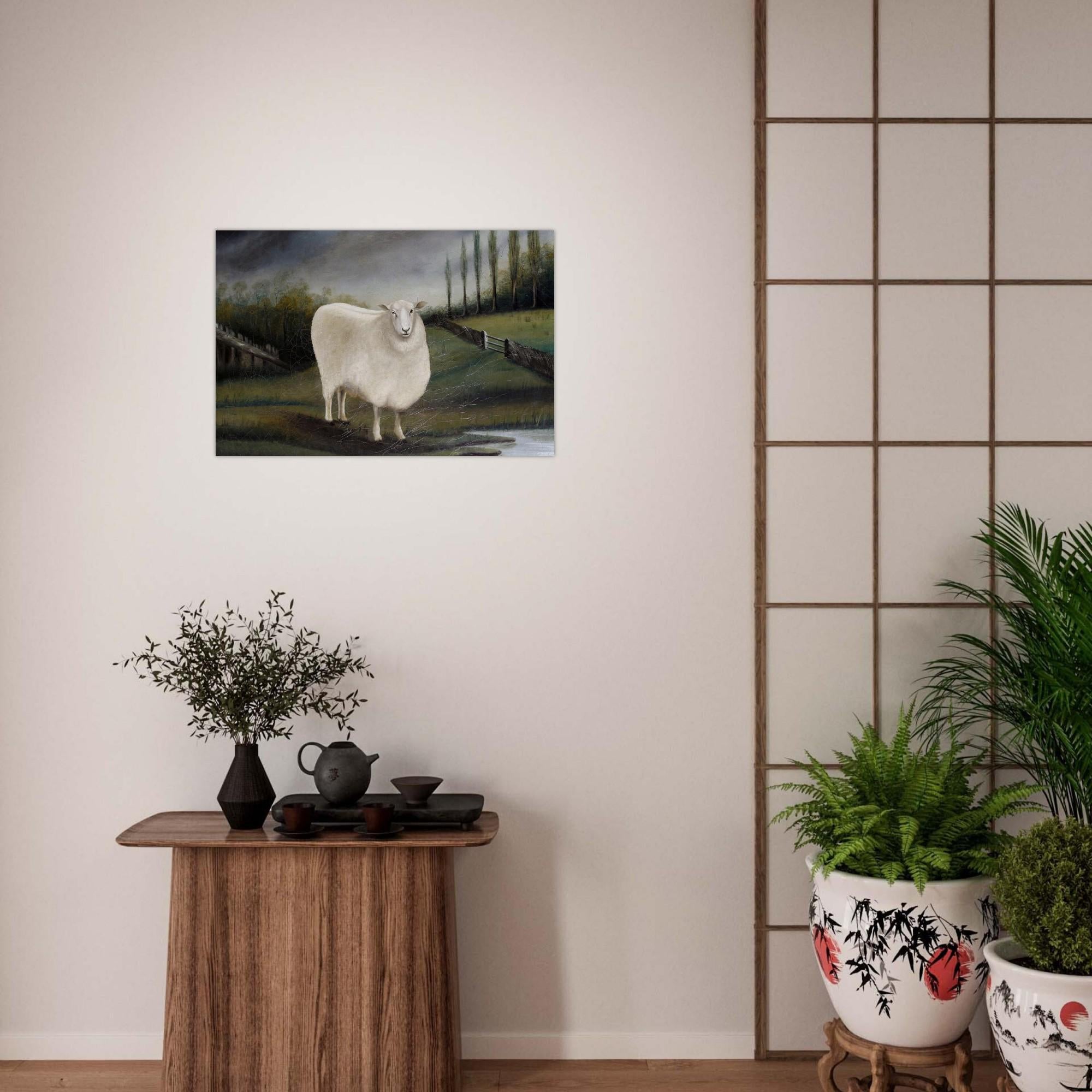 Primitive Folk Art Sheep Painting Print Antique English Country House Animal Portrait Moody Landscape Wall Art Folk Naive Art