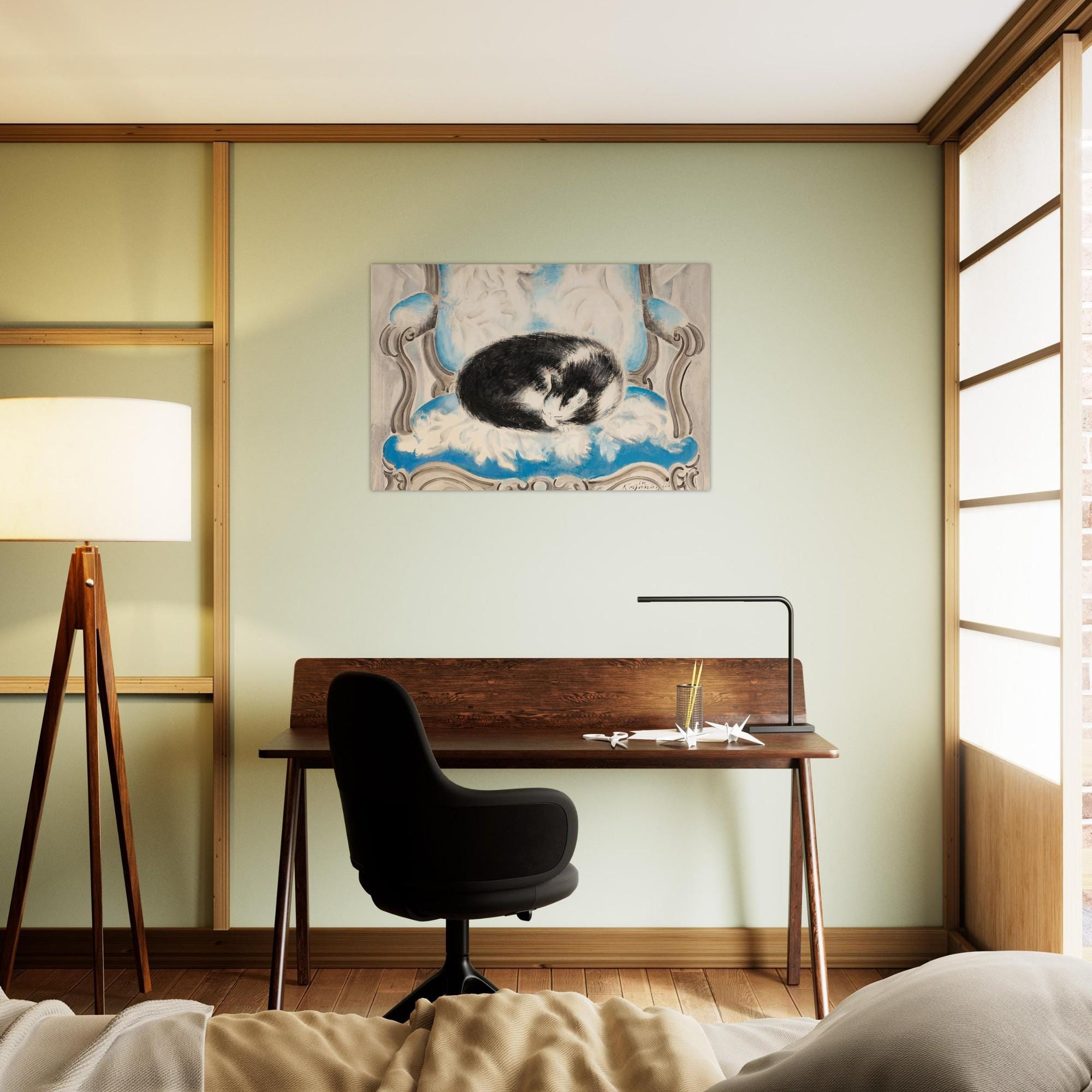 Vintage Sleeping Cat Art Print Sei Koyanagui 1920s Parisian Decor Neutral Minimalist Animal Wall Art Gift Animals Creatures