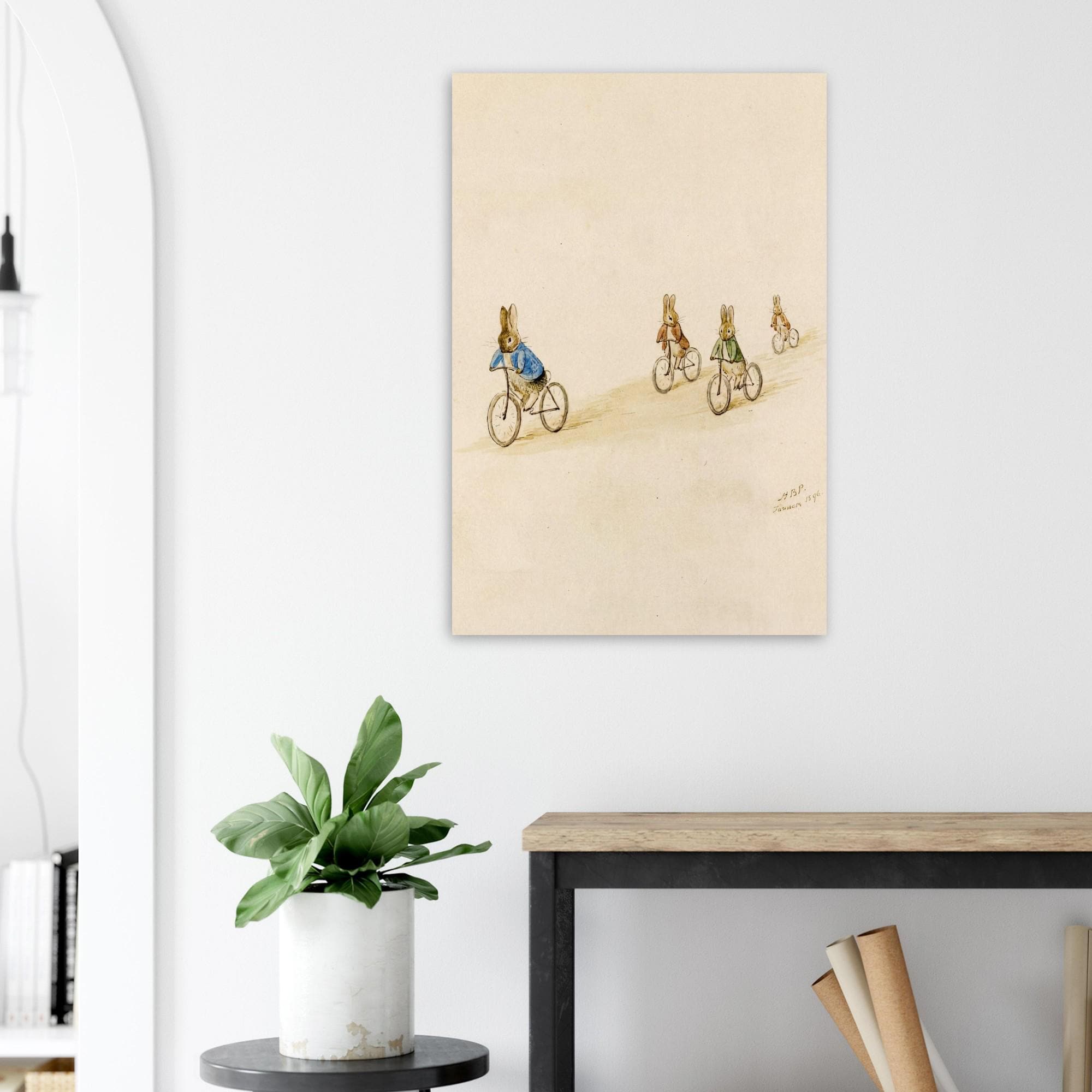 Beatrix Potter Rabbits on Bicycles Art Print | Vintage Nursery Wall Art | Antique Bunny Illustration | Baby Boy Room Decor | Unframed