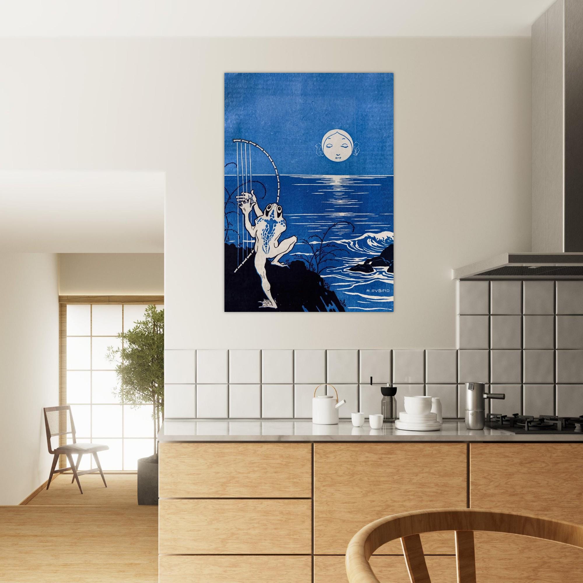 Vintage Frog Playing Bone Harp Under Moon Whimsical Blue Night Pond Poster Dark Cottagecore Animal Art Print Art Nouveau Vintage