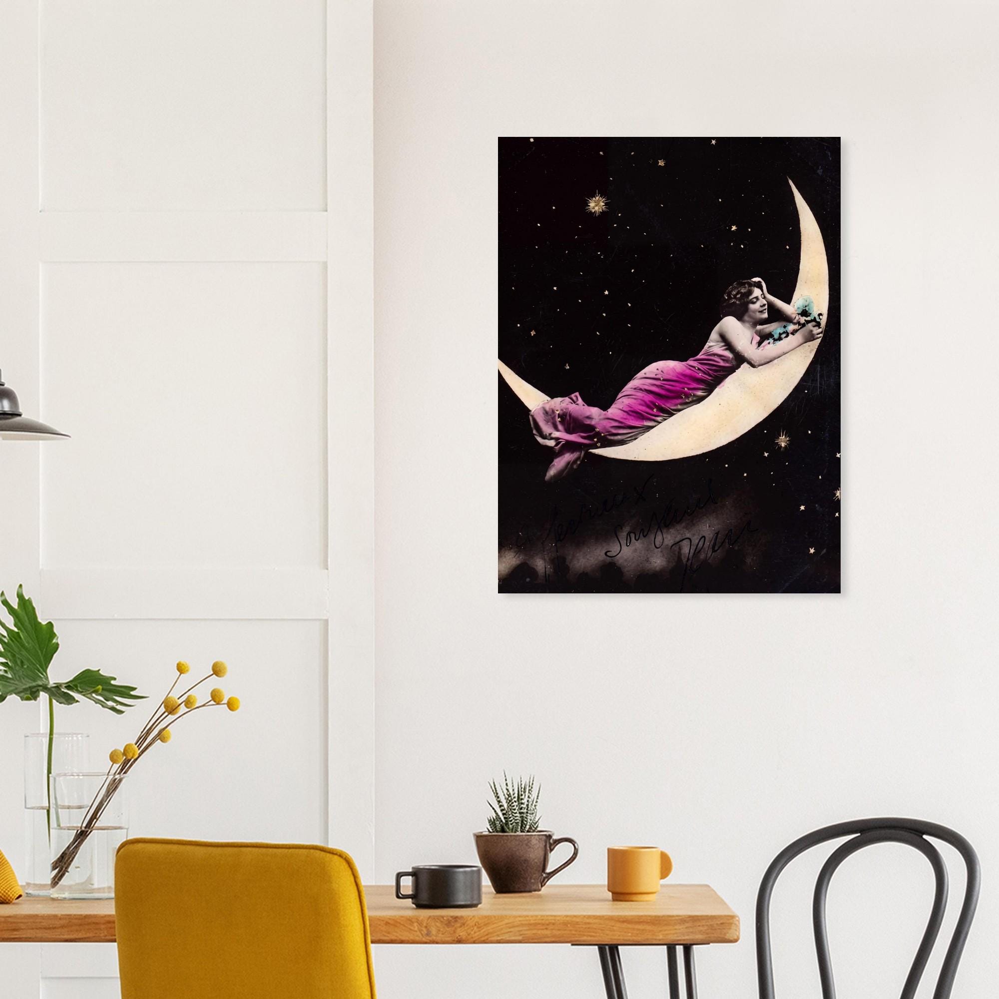 Antique Celestial Moon Goddess Art Print Vintage Victorian Paper Moon Woman Poster Dark Academia Wall Decor Art Nouveau Vintage