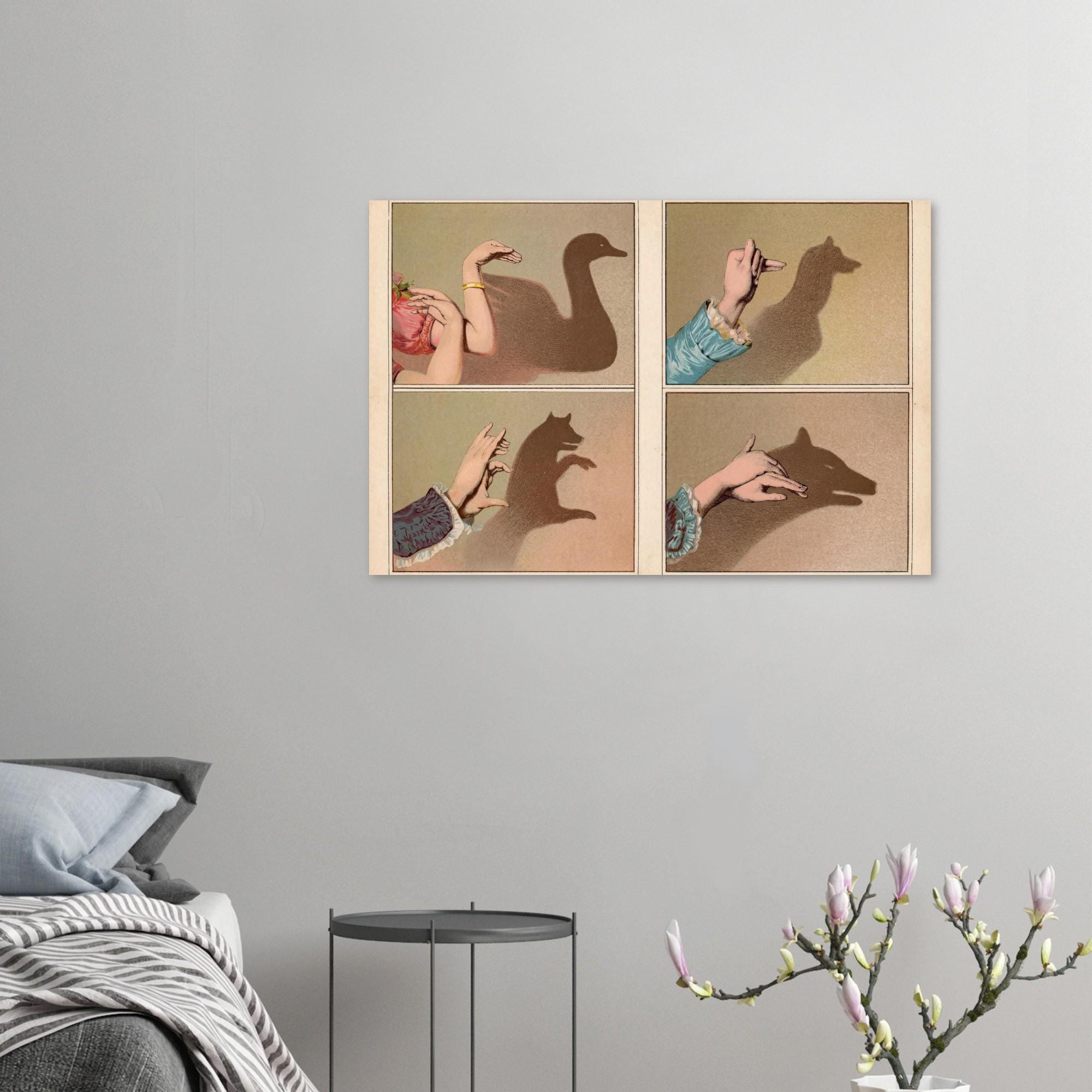 Hand Shadow Puppet Art Print | Victorian Nursery Wall Art | Vintage Illustration | Swan Rabbit Wolf Dog | Dark Academia Room Decor