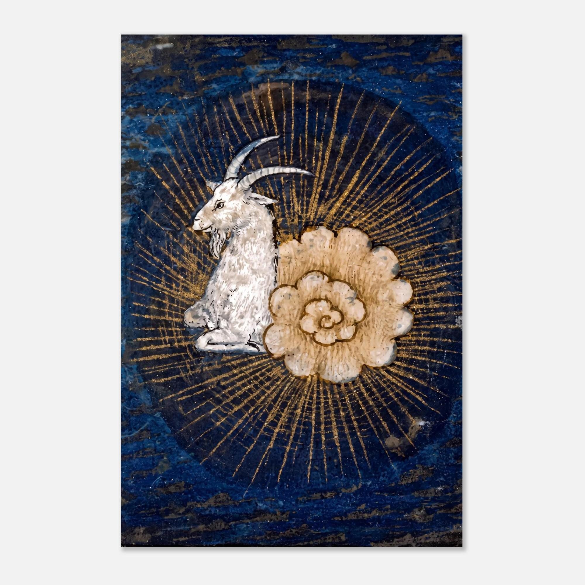 Medieval Illuminated Manuscript Capricorn Print Alchemy Wall Decor Dark Academia Celestial Goat Alchemical Rose Myth and Symbolism