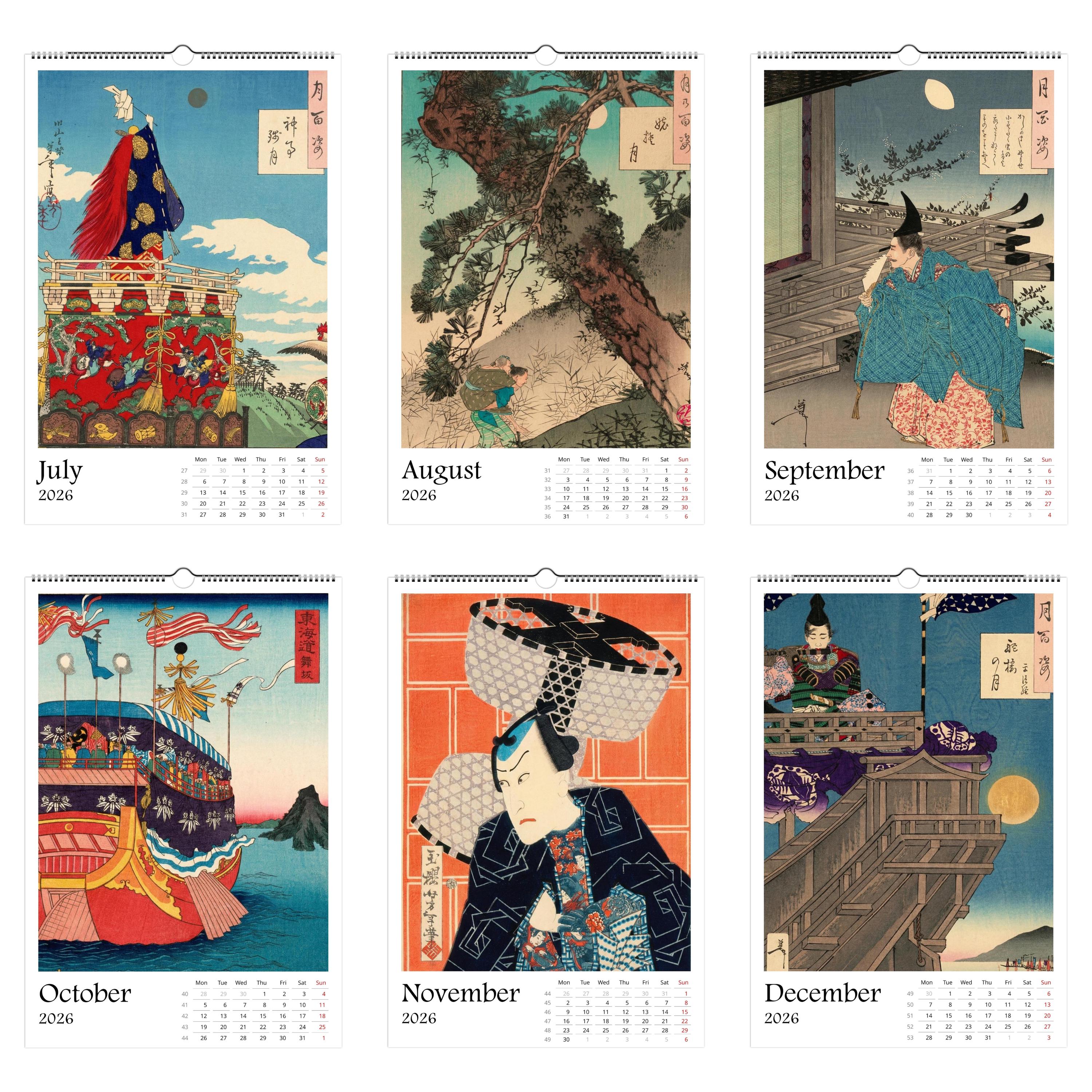 13 artworks of Japanese Woodblock Ukiyo-e Art 2026 Wall Calendar 11x16.5, Tsukioka Yoshitoshi, Large Vertical Hanging Home Decor