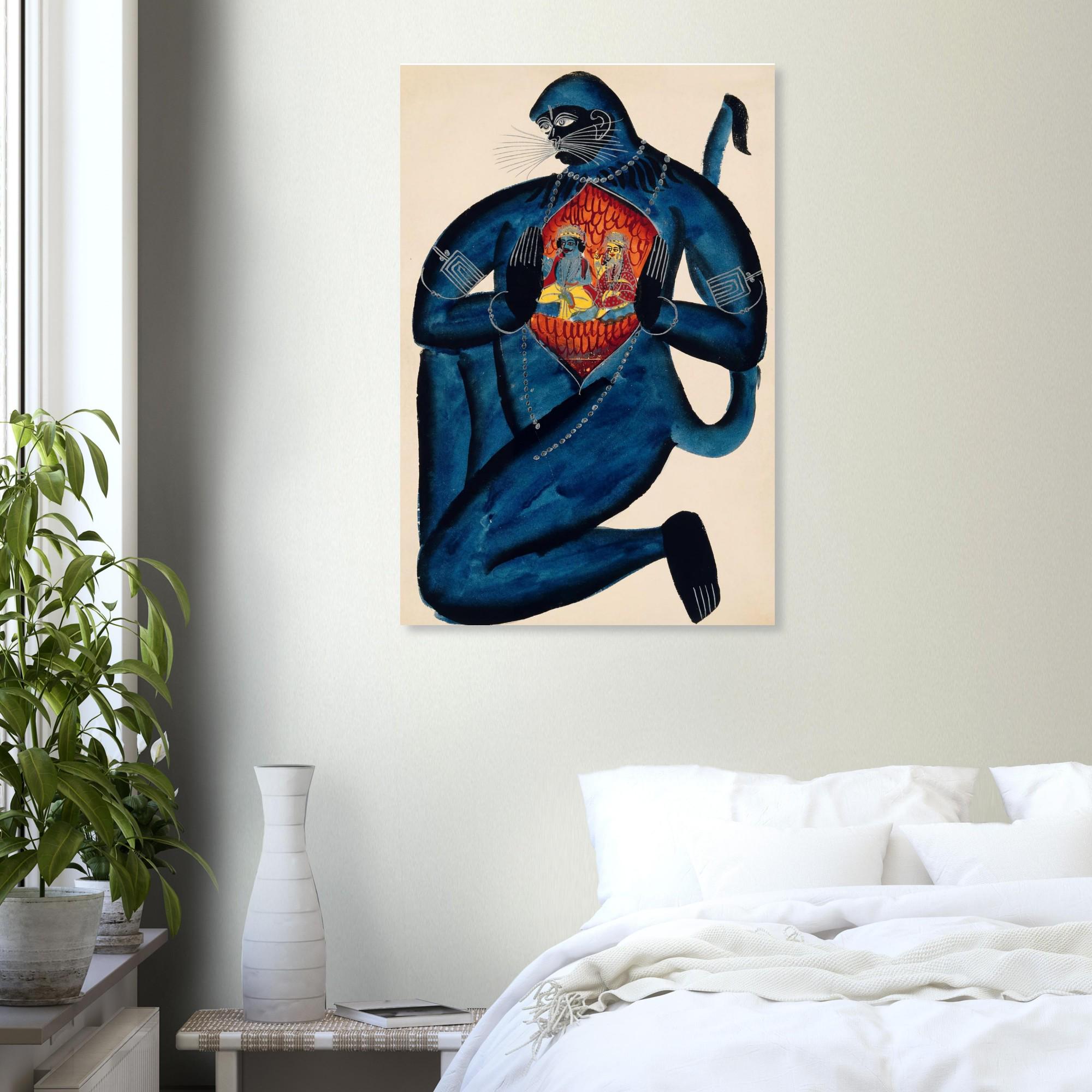 Vintage Hanuman Rama Sita Art Print | Kalighat Indian Folk Art | Hindu Mythology Wall Decor | Spiritual Home Decor Poster Gift