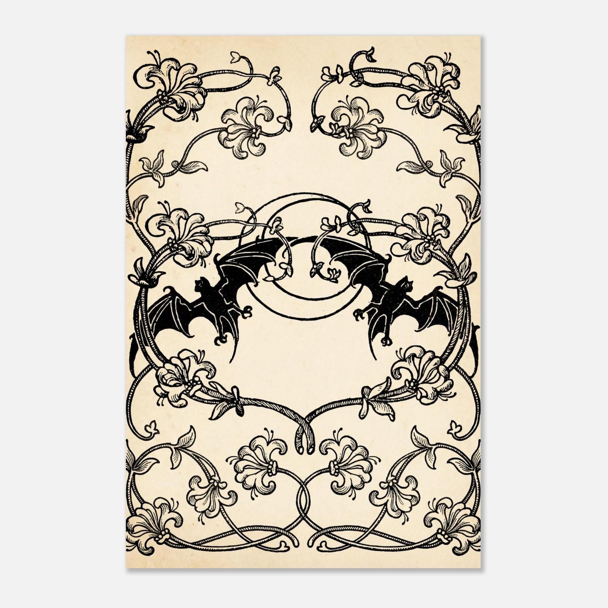 Antique Vintage Bat and Lily Art Print Gothic Victorian Wall Decor Symmetrical Black and White Illustration Art Nouveau & Vintage