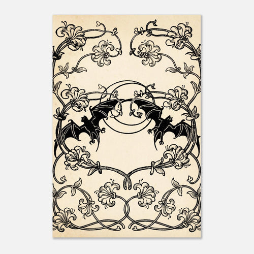 Antique Vintage Bat and Lily Art Print Gothic Victorian Wall Decor Symmetrical Black and White Illustration Art Nouveau & Vintage