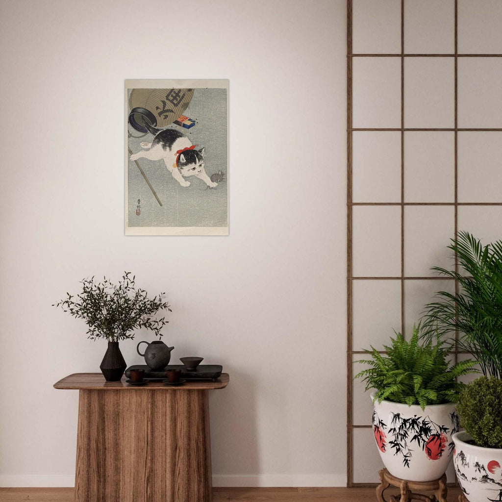 Ohara Koson Japanese Woodblock Print Cat Chasing Mouse Vintage Animal Poster Antique Kitten Wall Art Woodblock And Asian Art