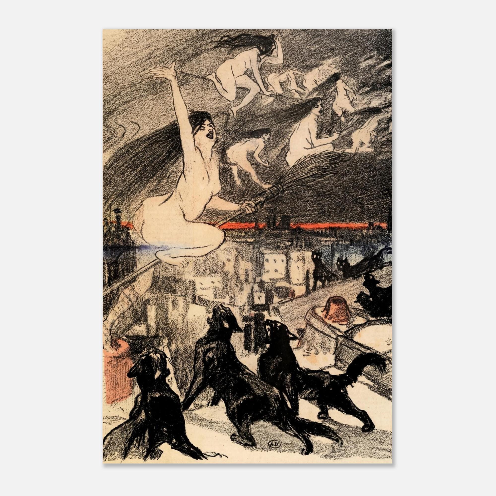 André Devambez The Witches 1911 Vintage Art Print, Flying Witches Paris Rooftops, Black Cat Occult Decor, Dark Fantasy & Macabre DBwJl
