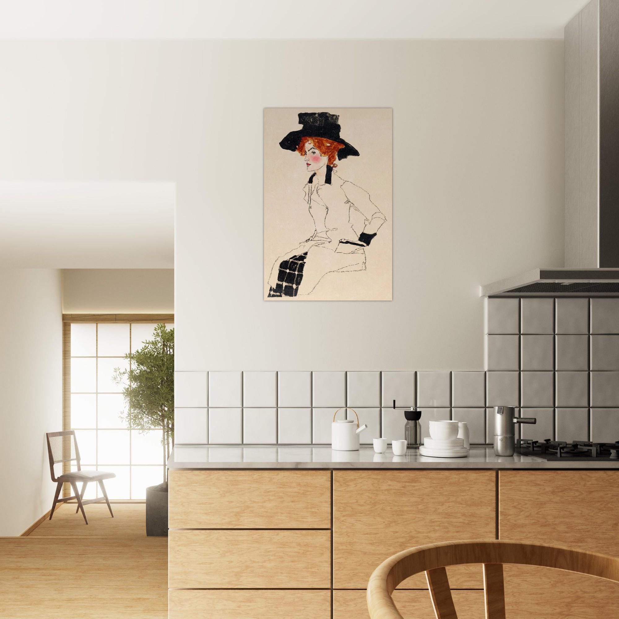 Egon Schiele Portrait of Gertrude Red Hair Woman in Large Hat Fine Art Print Vintage Sketch Moody Wall Decor Portraits Figures