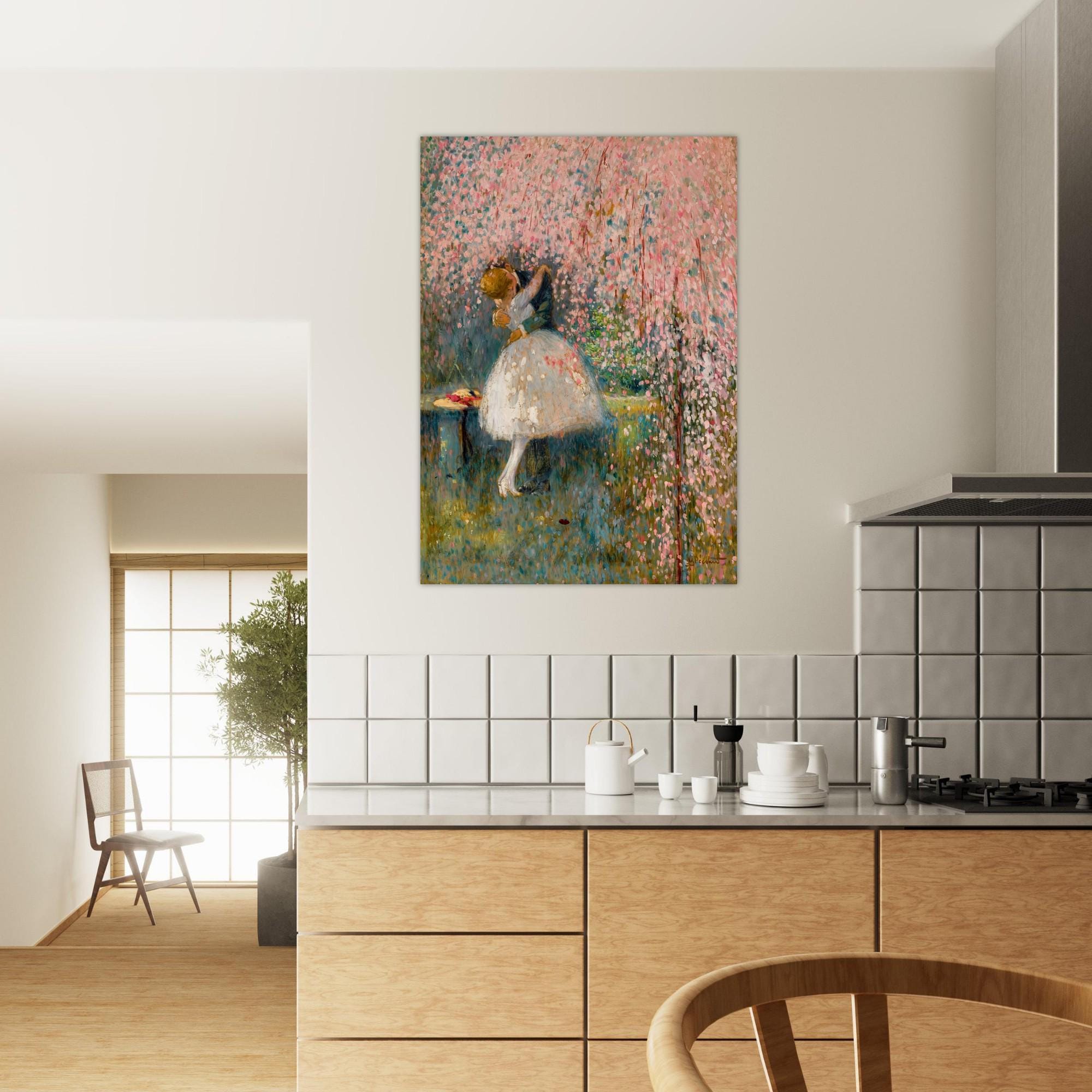 Romantic Couple Kissing Pink Cherry Blossom Tree French Pointillism Art Print Vintage Wedding Anniversary Impressionist Masters