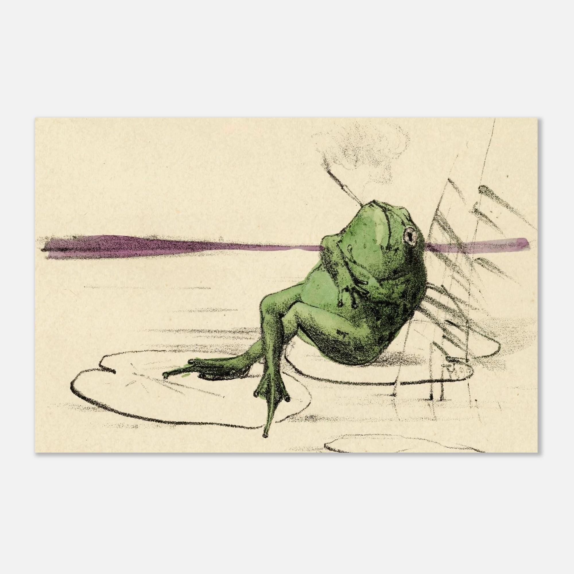 Vintage Smoking Frog Art Print Whimsical Green Frog on Lily Pad Illustration Moody Animal Wall Decor Art Nouveau Vintage