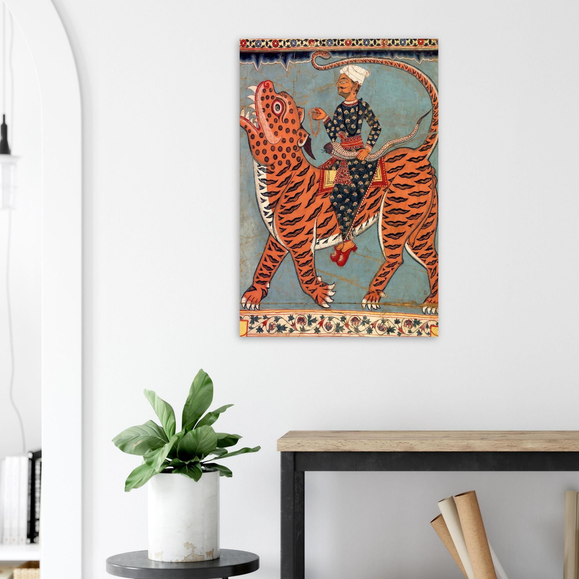 Vintage Indian Folk Art Print | Gazi Pir Riding Tiger with Snake Whip Wall Art | Antique Bengal Scroll Painting | Ethnic Home Decor
