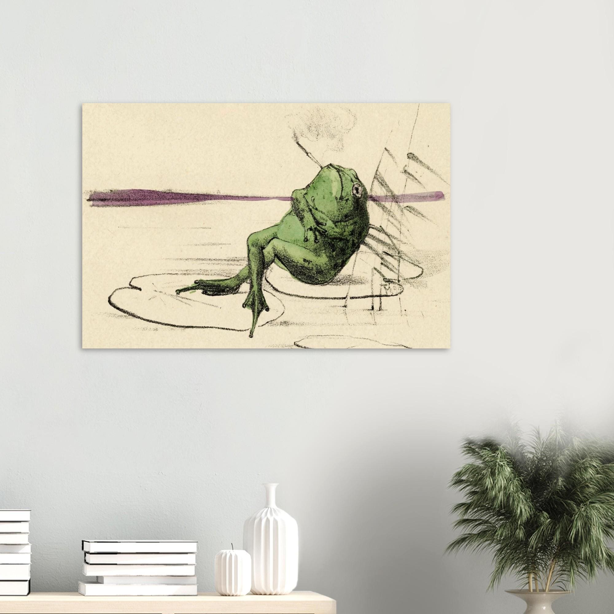 Reclining Frog Smoking Pipe Art Print | Victorian Whimsical Animal Wall Art | Dark Academia Decor | Vintage Toad Illustration