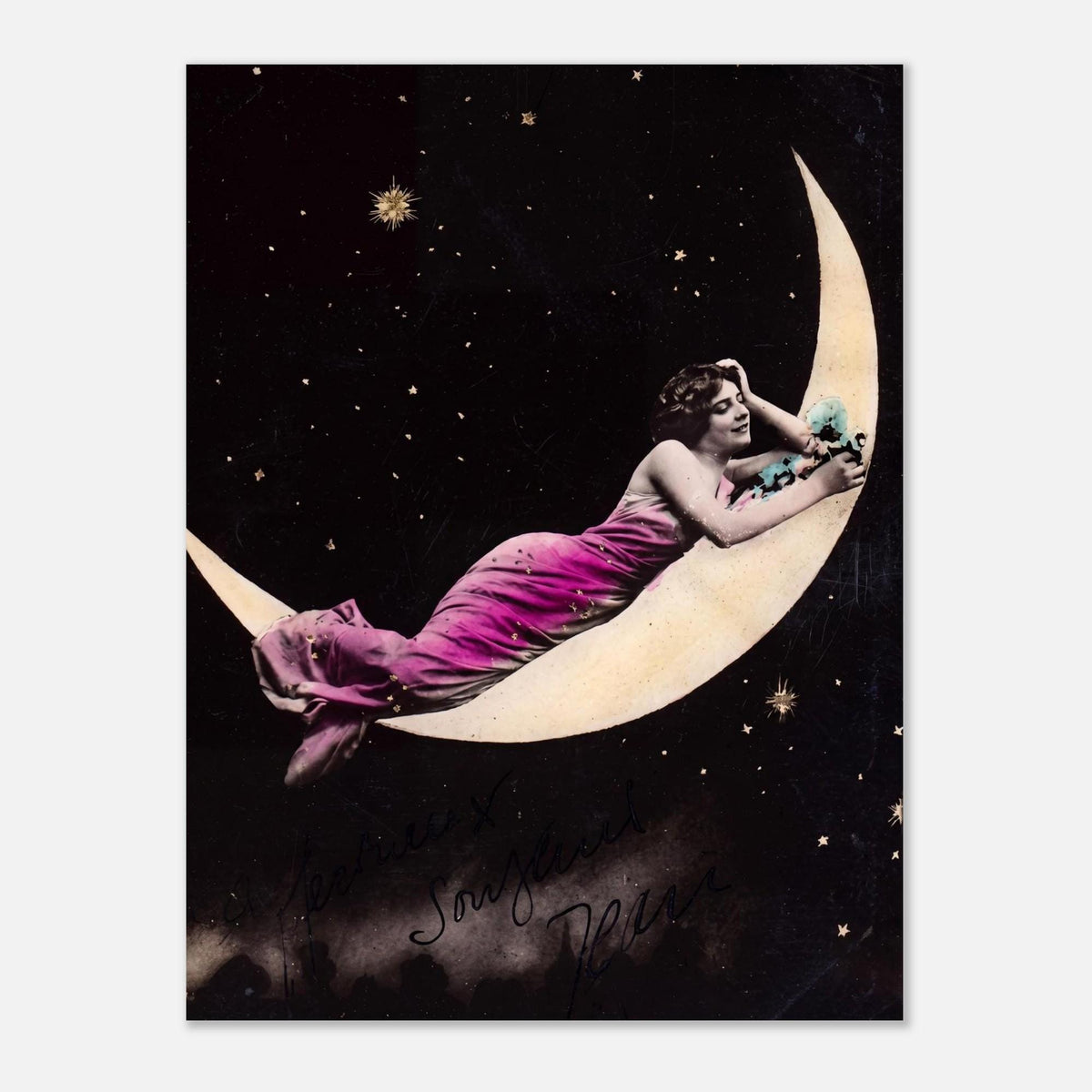 Antique Celestial Moon Goddess Art Print Vintage Victorian Paper Moon Woman Poster Dark Academia Wall Decor Art Nouveau Vintage